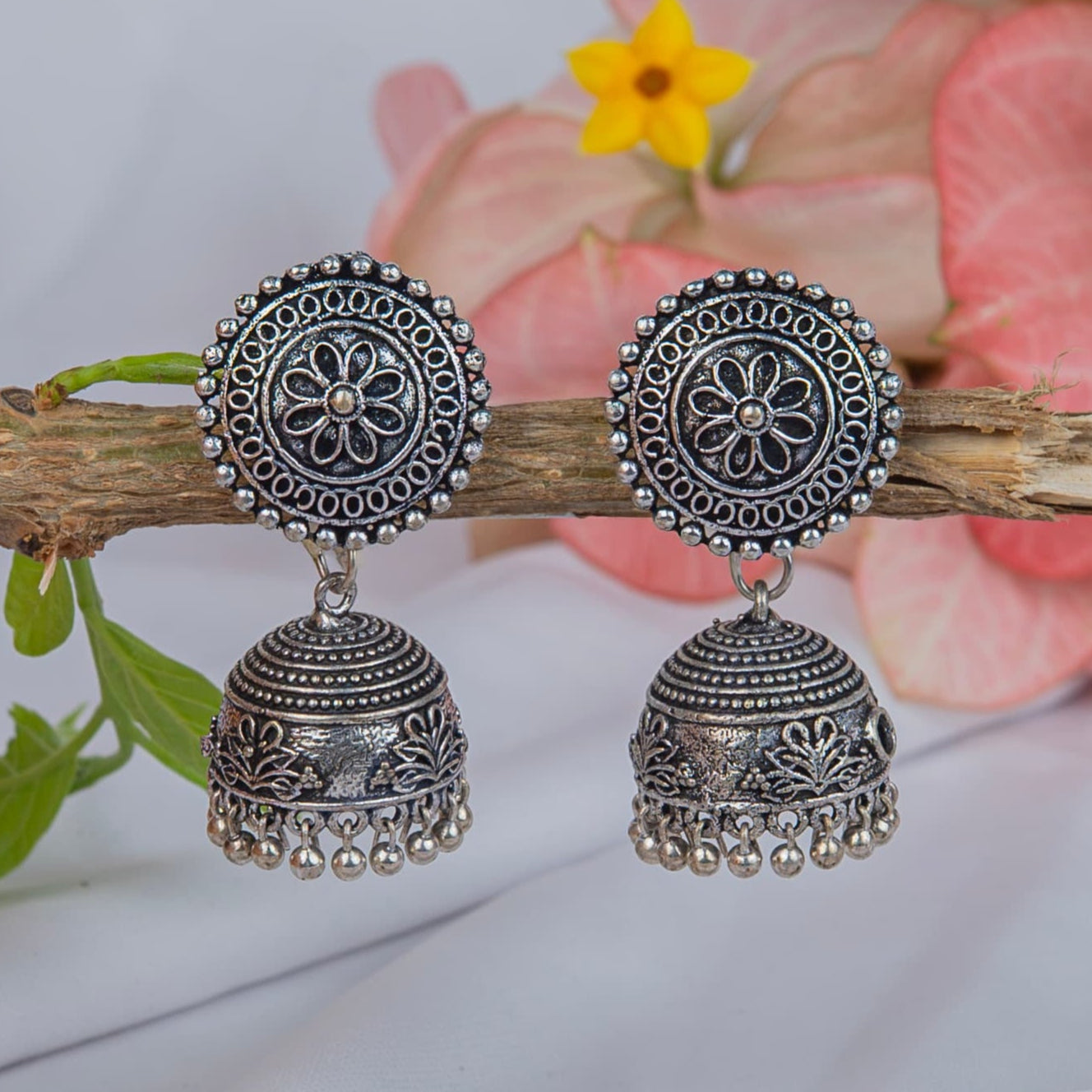 Silver Look-Alike Earrings with Flower Motif & Dangling Jhumka