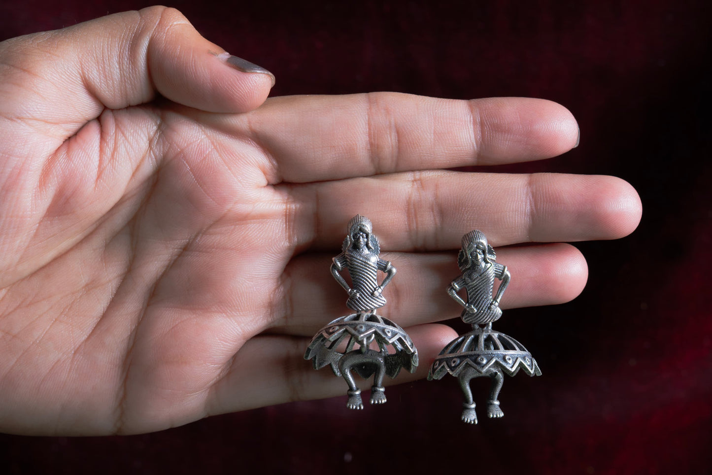 Silver Look-Alike Folk Dance Earrings with Skirt Cutwork