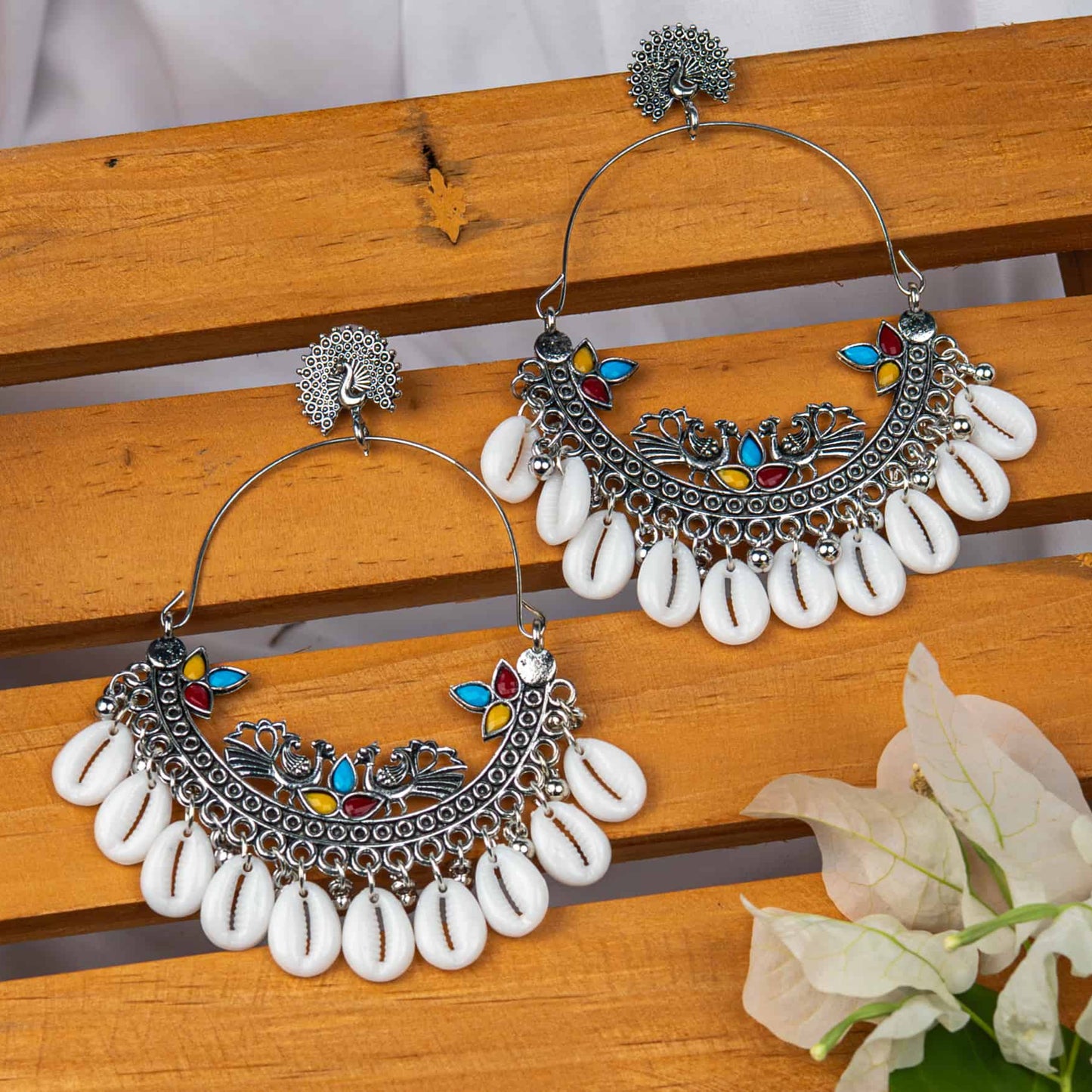 Oxodise Peacock Motif Earrings with Hanging Kodi (Cowrie Shells)