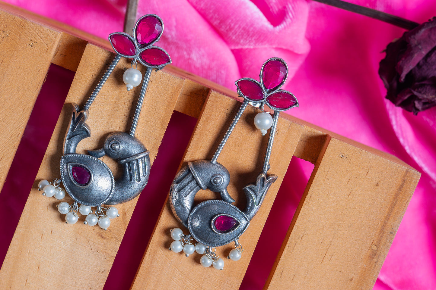 Silver Look-Alike Bird Charm Earrings with Multicolor Cabochons