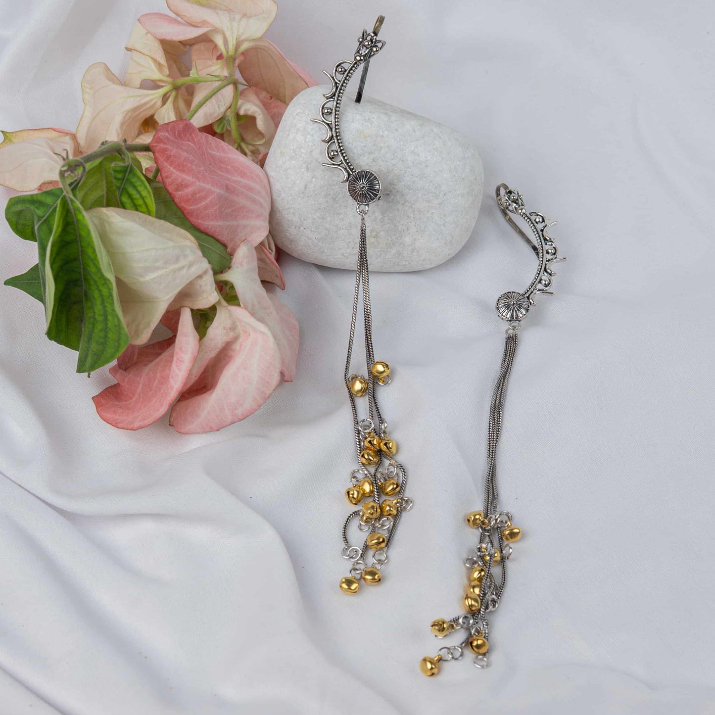 Oxodise Two Tone Earrings with Cascading Chains and Bead Charms