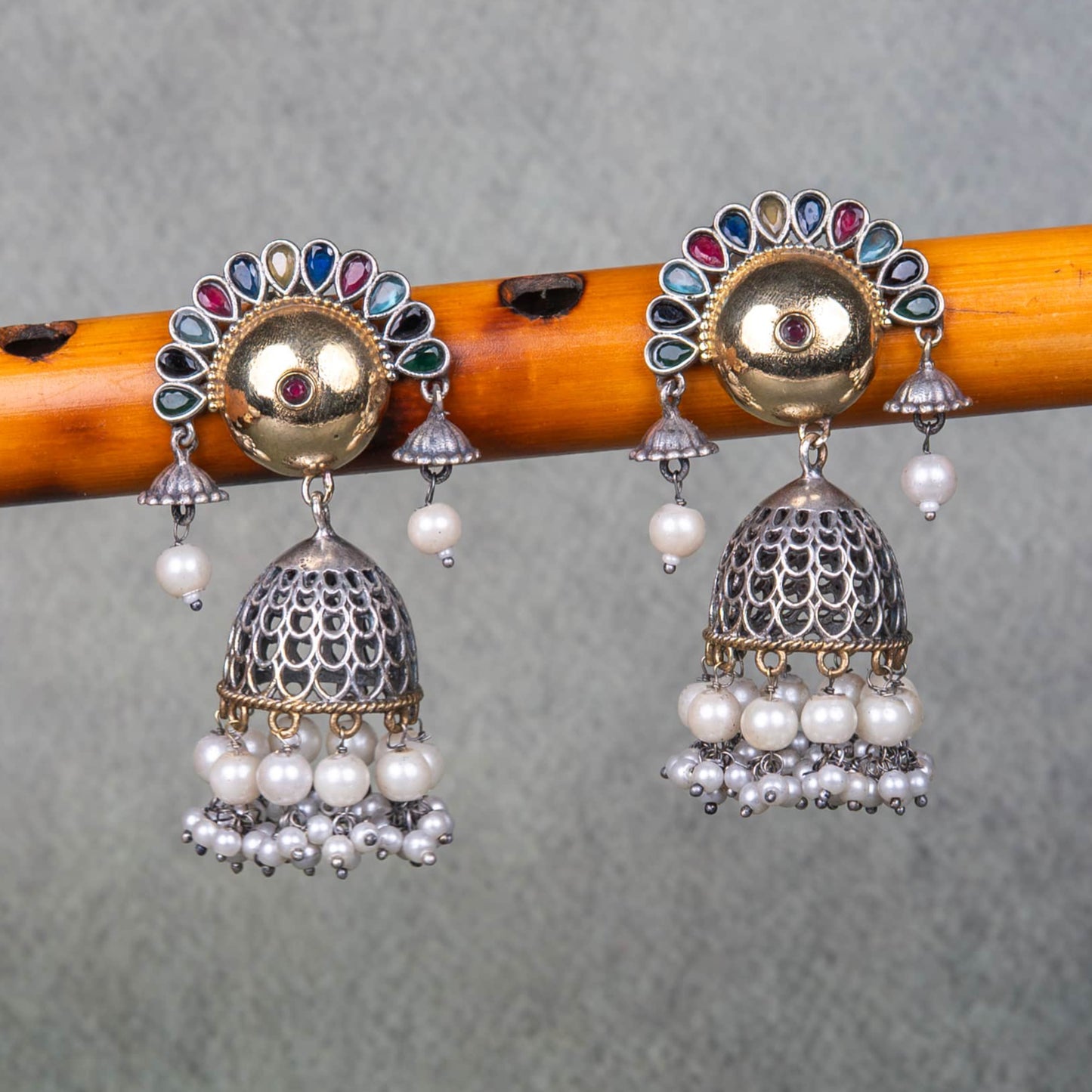 Silver Look-Alike Earrings with Cabochons, Jhumka and Beads