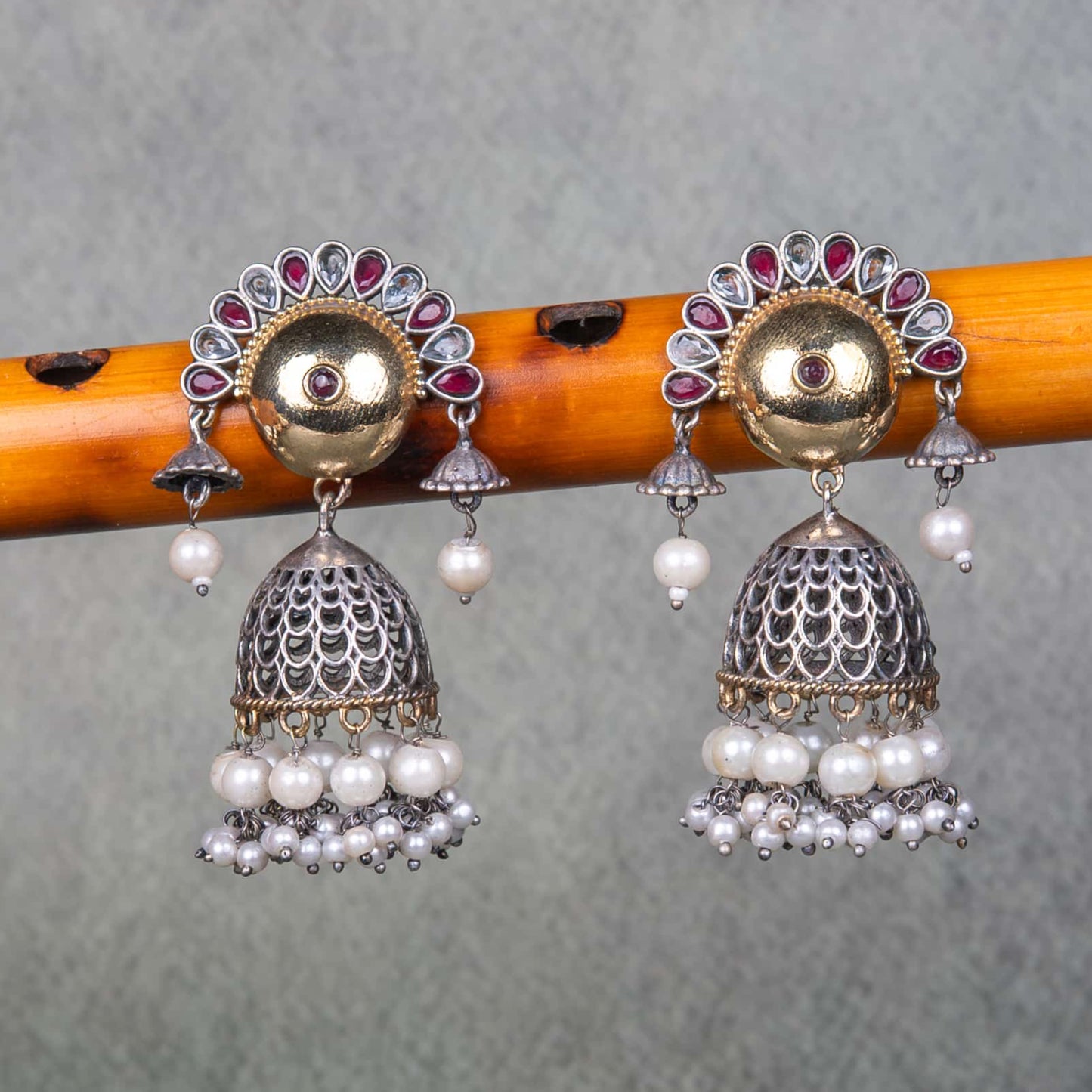 Silver Look-Alike Earrings with Cabochons, Jhumka and Beads