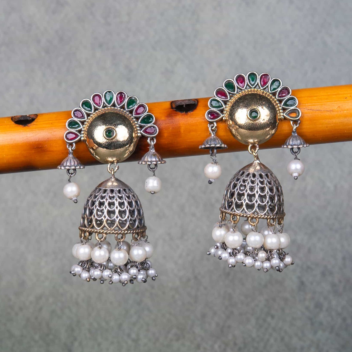Silver Look-Alike Earrings with Cabochons, Jhumka and Beads