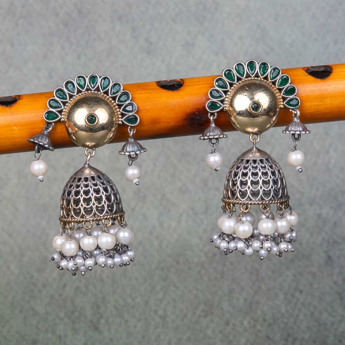 Silver Look-Alike Earrings with Cabochons, Jhumka and Beads