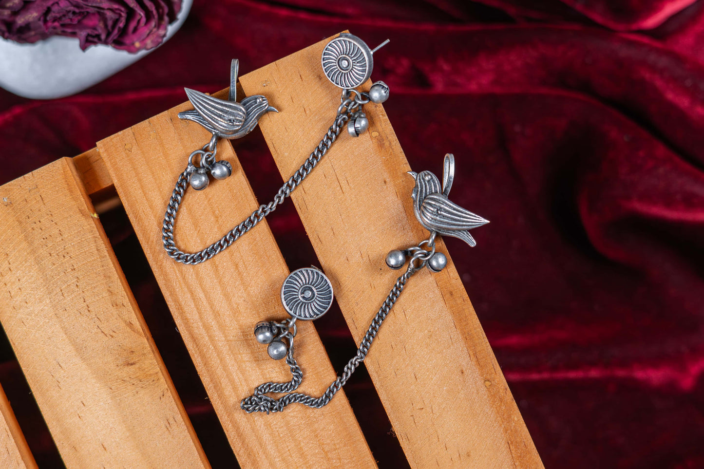 Silver Look-Alike Songbird Chain-Linked Earrings