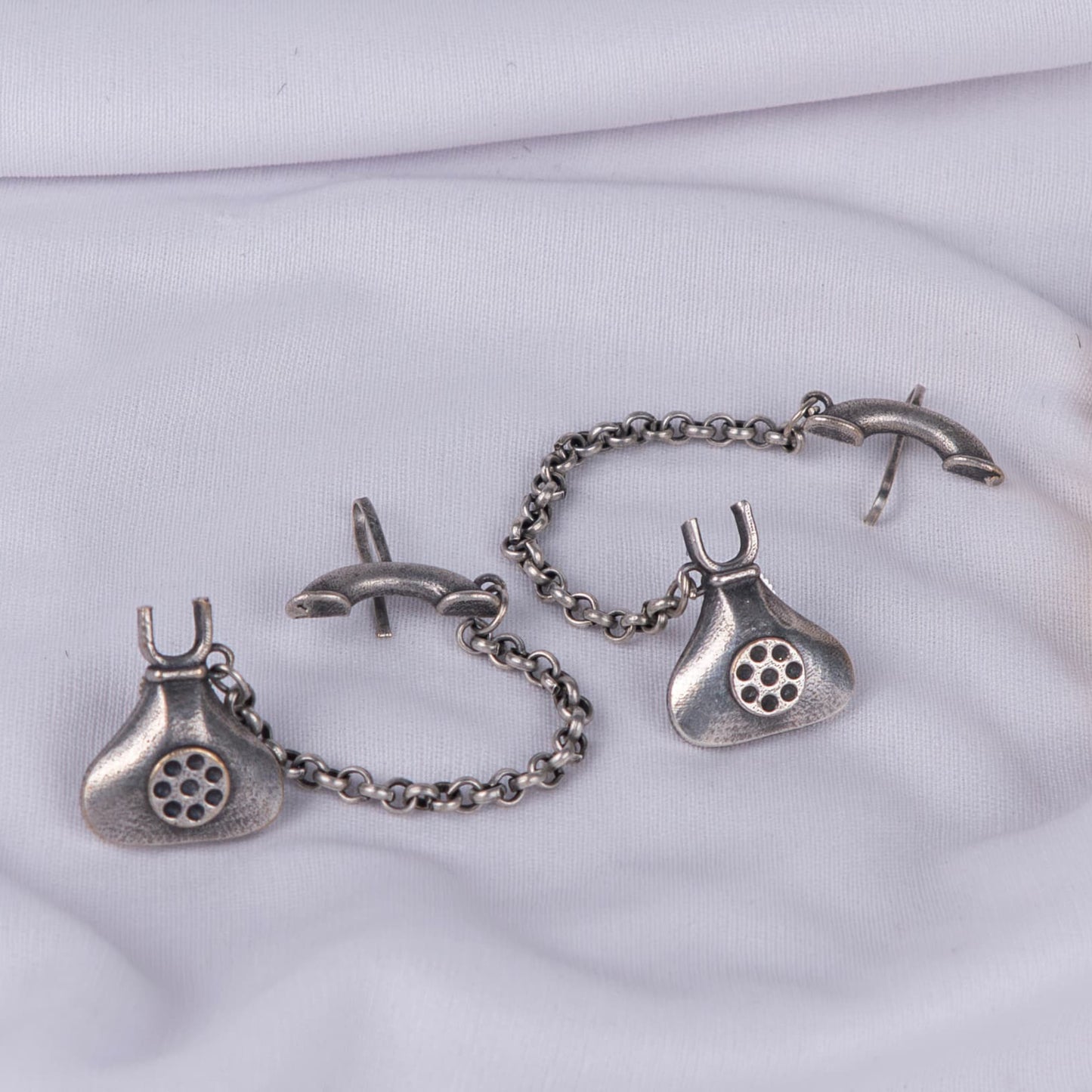 Silver Look-Alike Chained Earrings with Vintage Telephone Charms