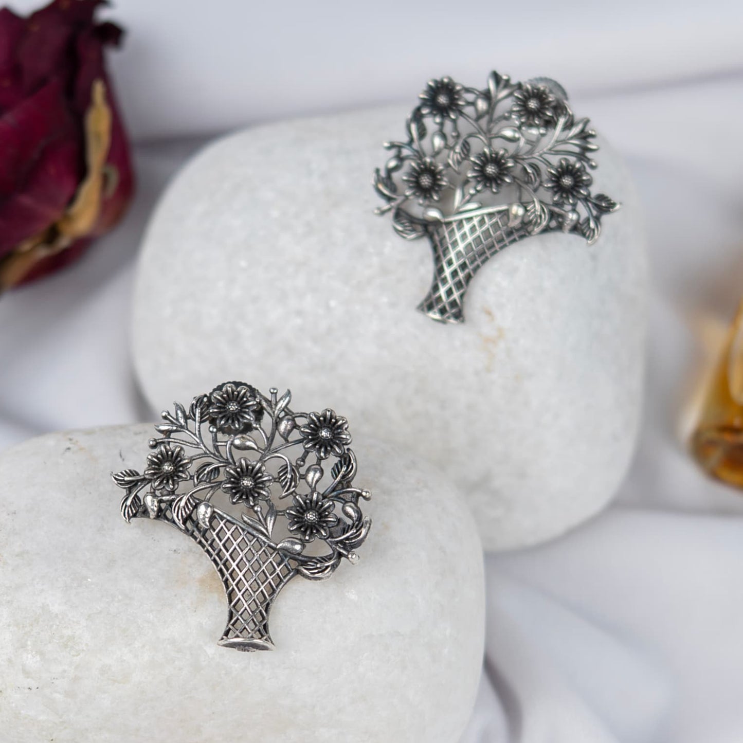 Silver Look-Alike Bouquet Earrings with Intricate Basket Work