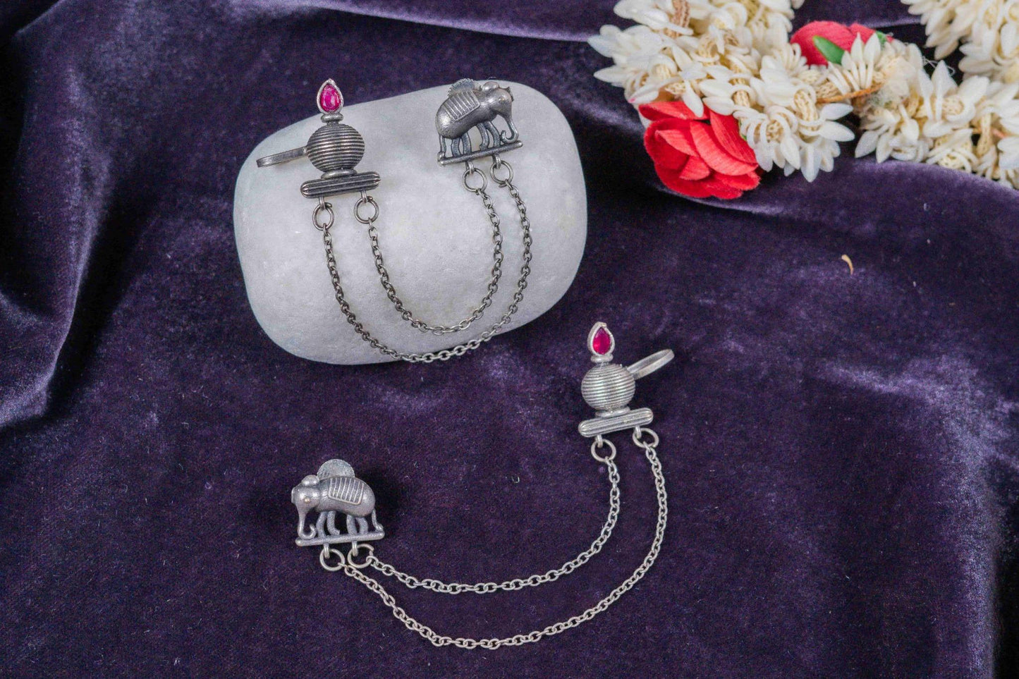 Silver Look-Alike Elephant and Oil Lamp Dual-Stud Earrings