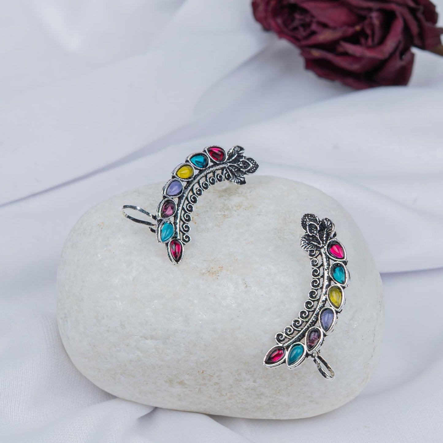 Silver Look-Alike Curved Earrings with Multicolor Teardrop Cabochons