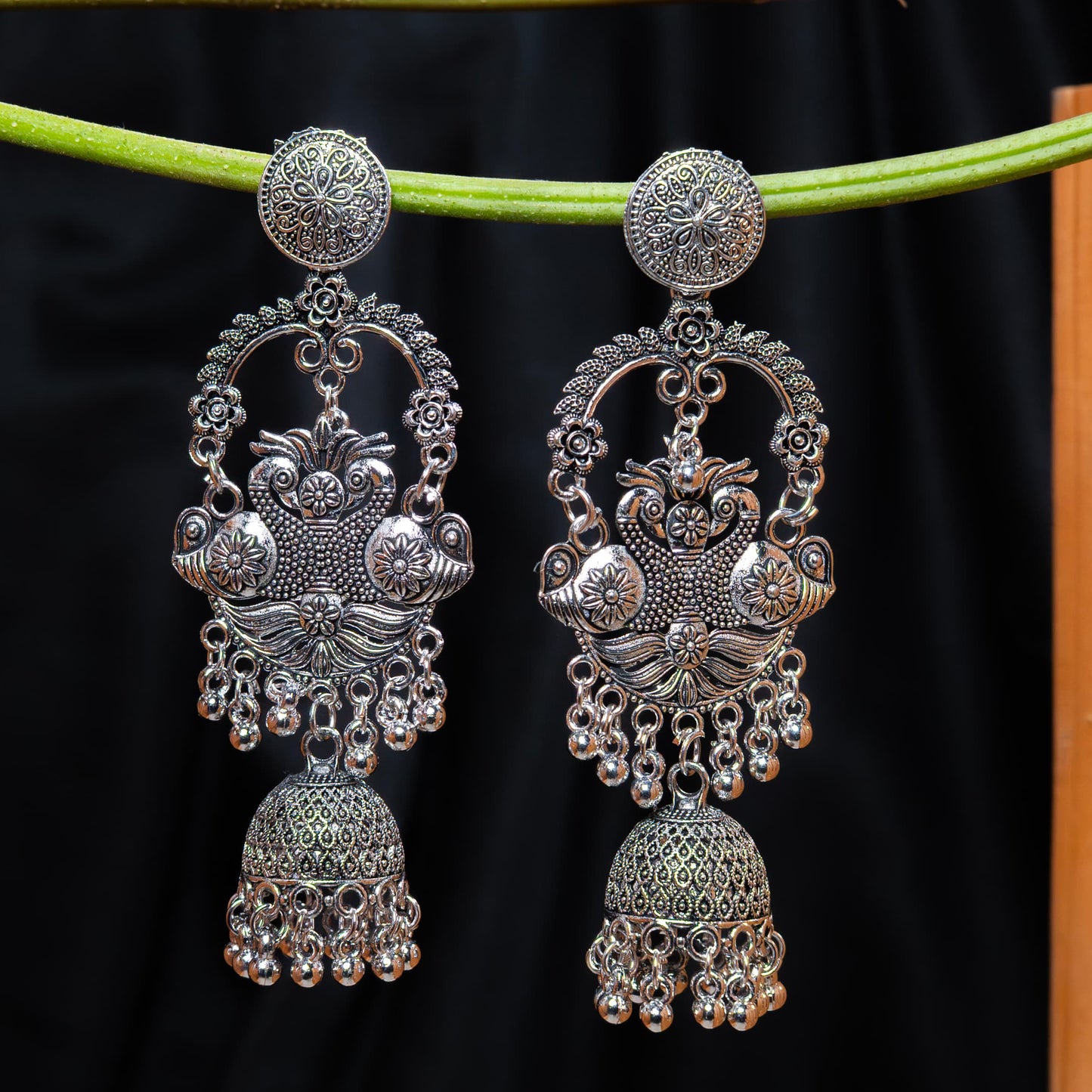 Oxodise Twin Peacock Dangler Earrings with Filigree Dome Jhumka