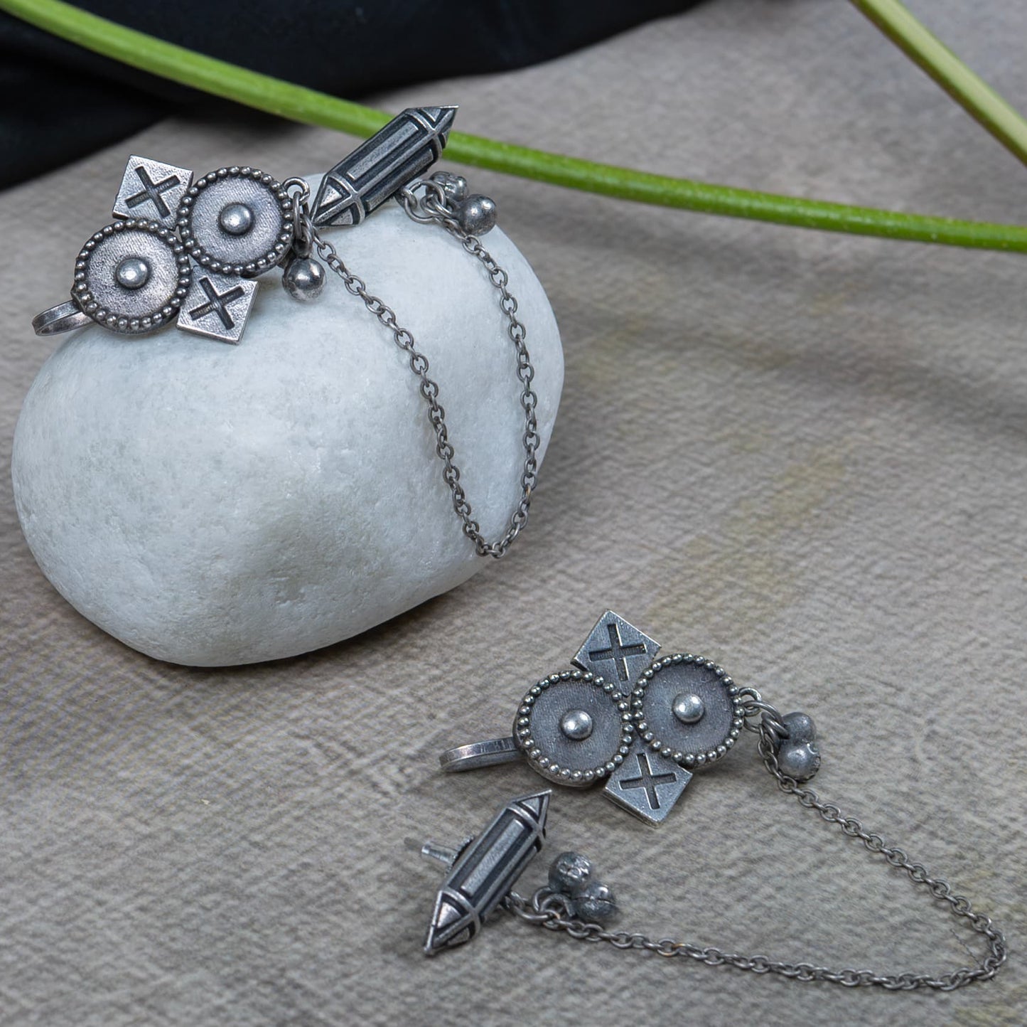 Silver Look-Alike Earring with Geometric Disc and Cross Motifs