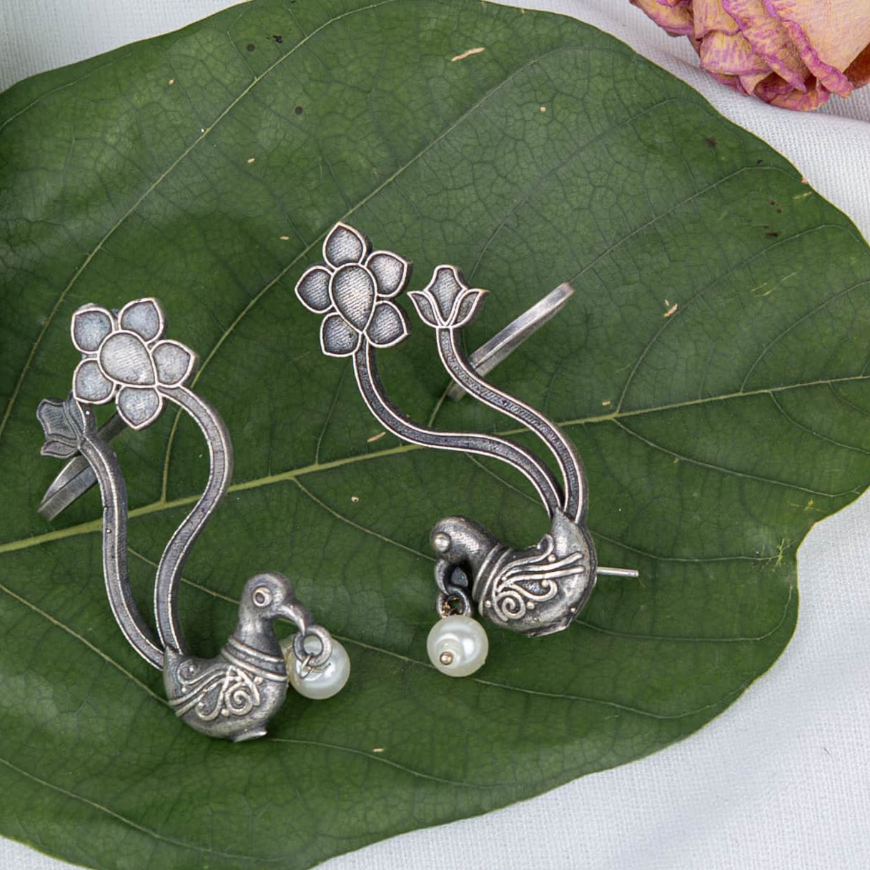 Silver Look-Alike Bird Earring with Pearl Drop Cabochons