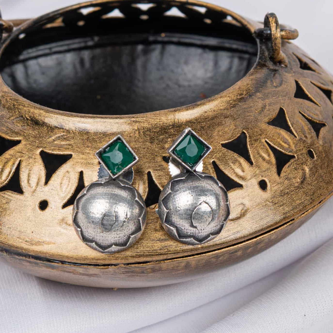 Silver Look-Alike Earring with Ruby Square Crystal Tops