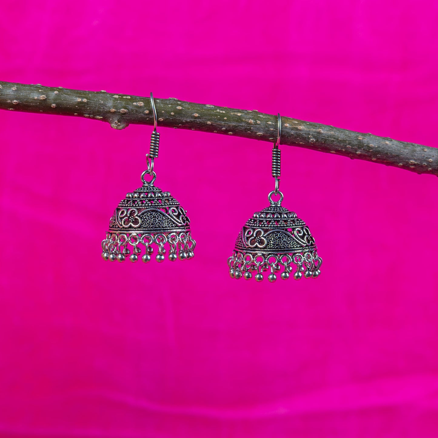 Silver Look-Alike Earring Jhumka with Dangling Beads