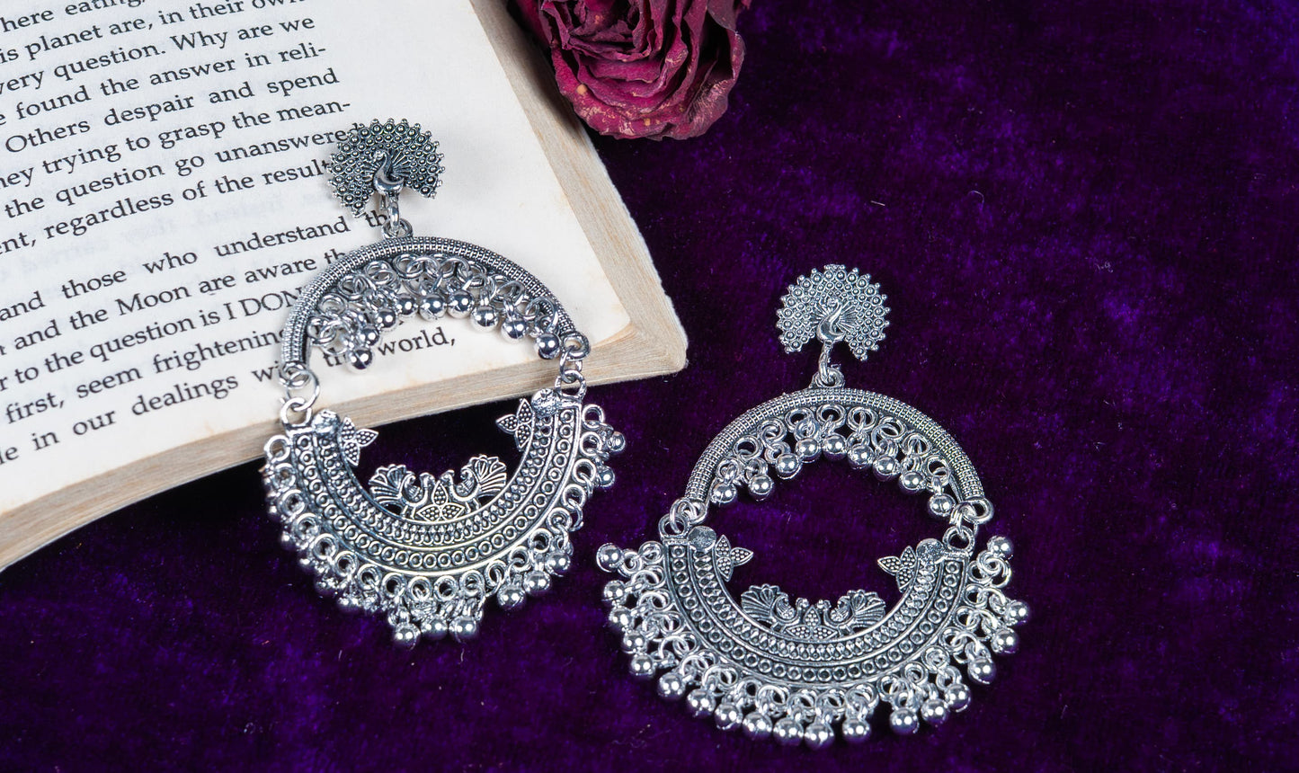 Oxodise Peacock Motif Hoop Earrings with Dangling Bells