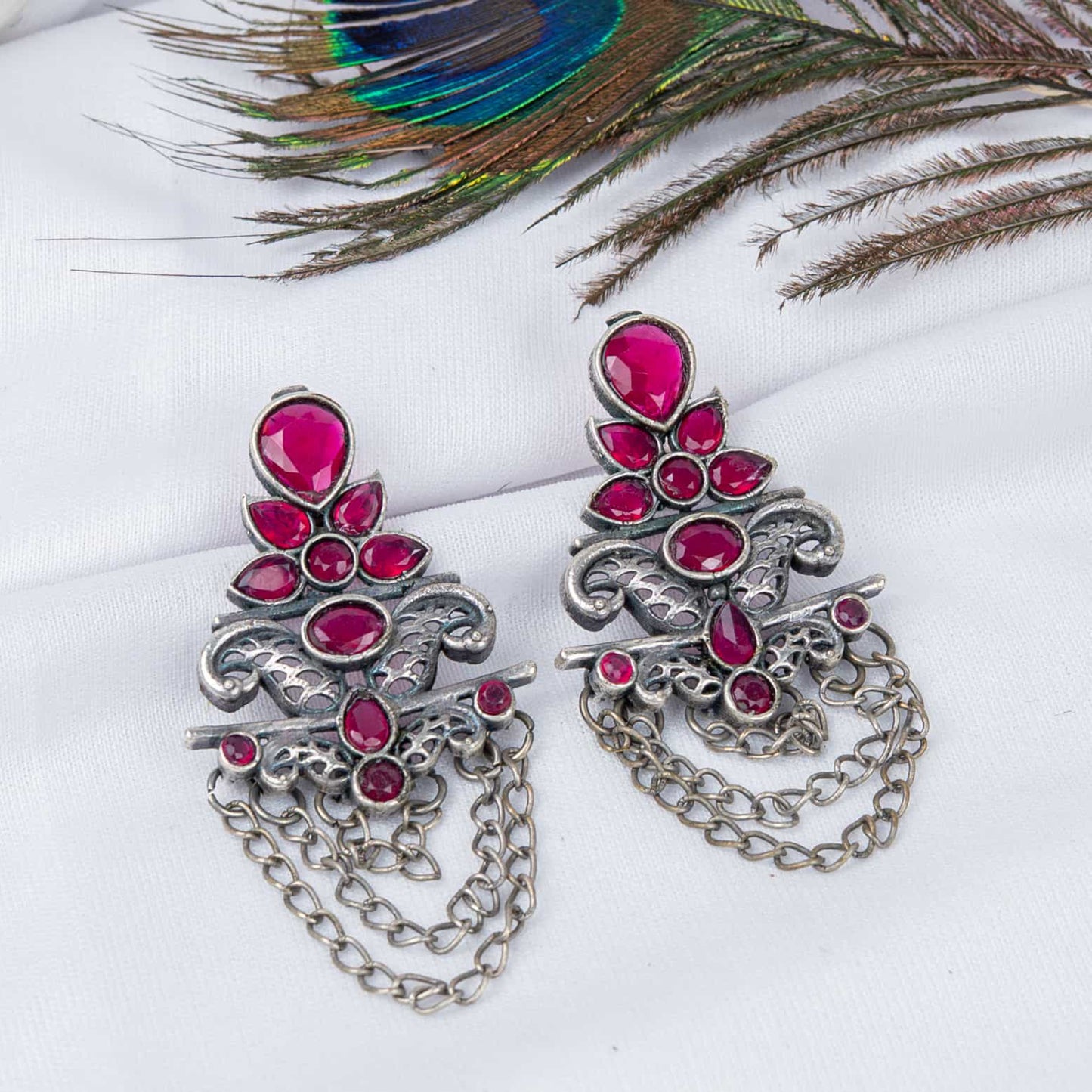 Silver Look-Alike Earring with Ornate Chain-Drape & Cabochons