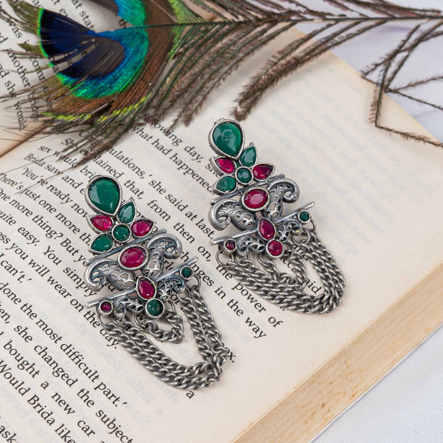 Silver Look-Alike Earring with Ornate Chain-Drape & Cabochons