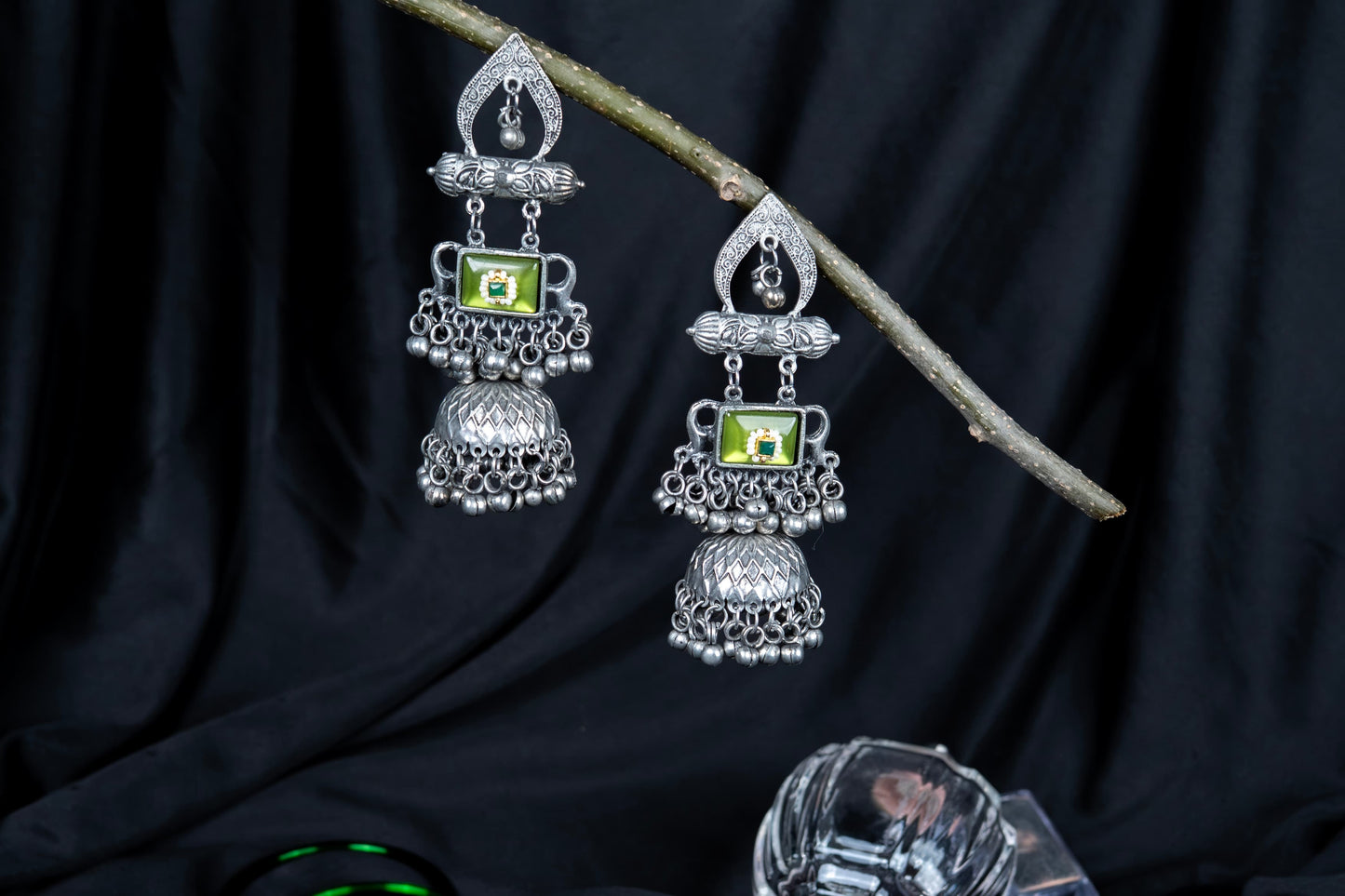 Silver Look-Alike Arch Multicolor Gem Earrings with Jhumka & Bells