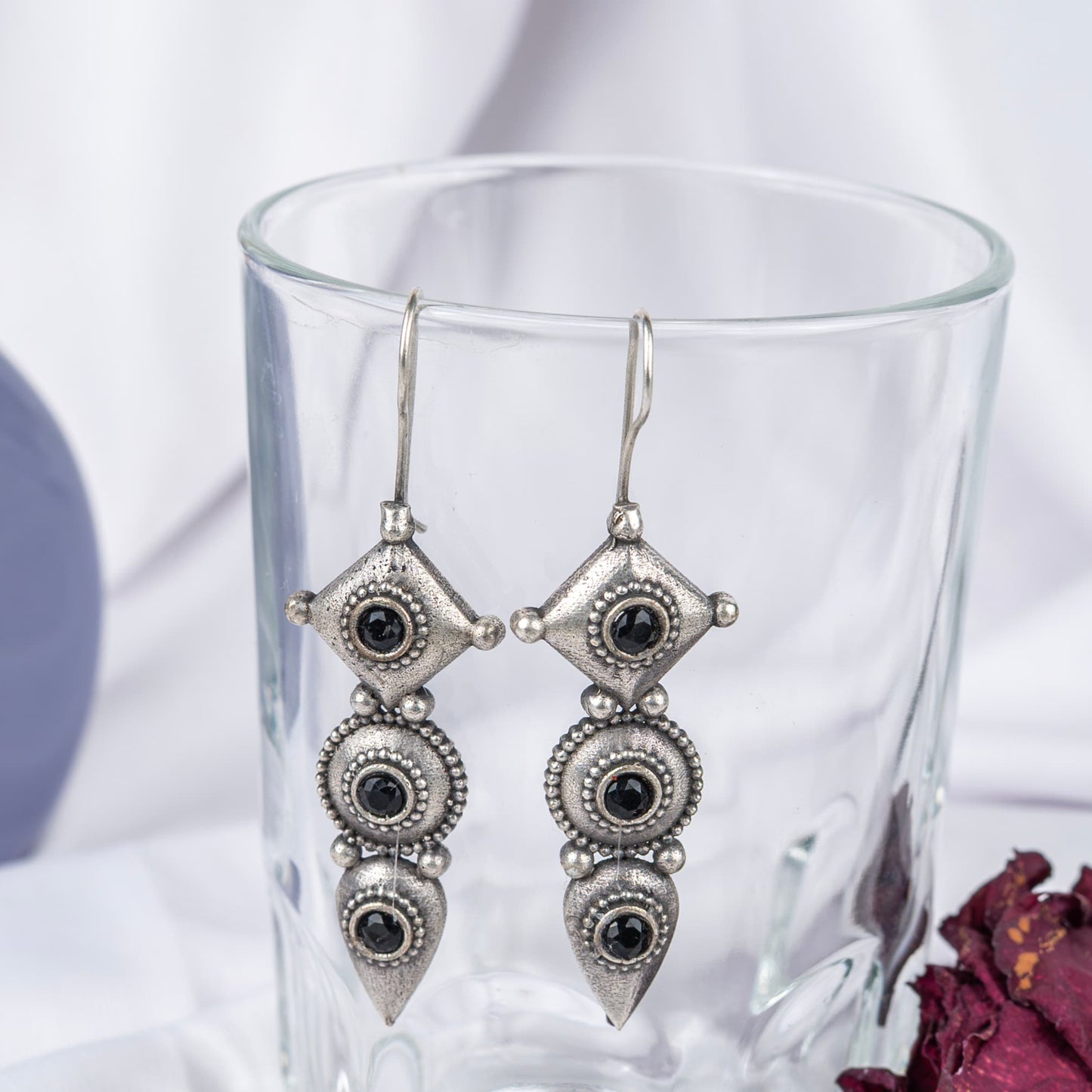 Silver Look-Alike Earring with Dangles & Multicolor Cabochons