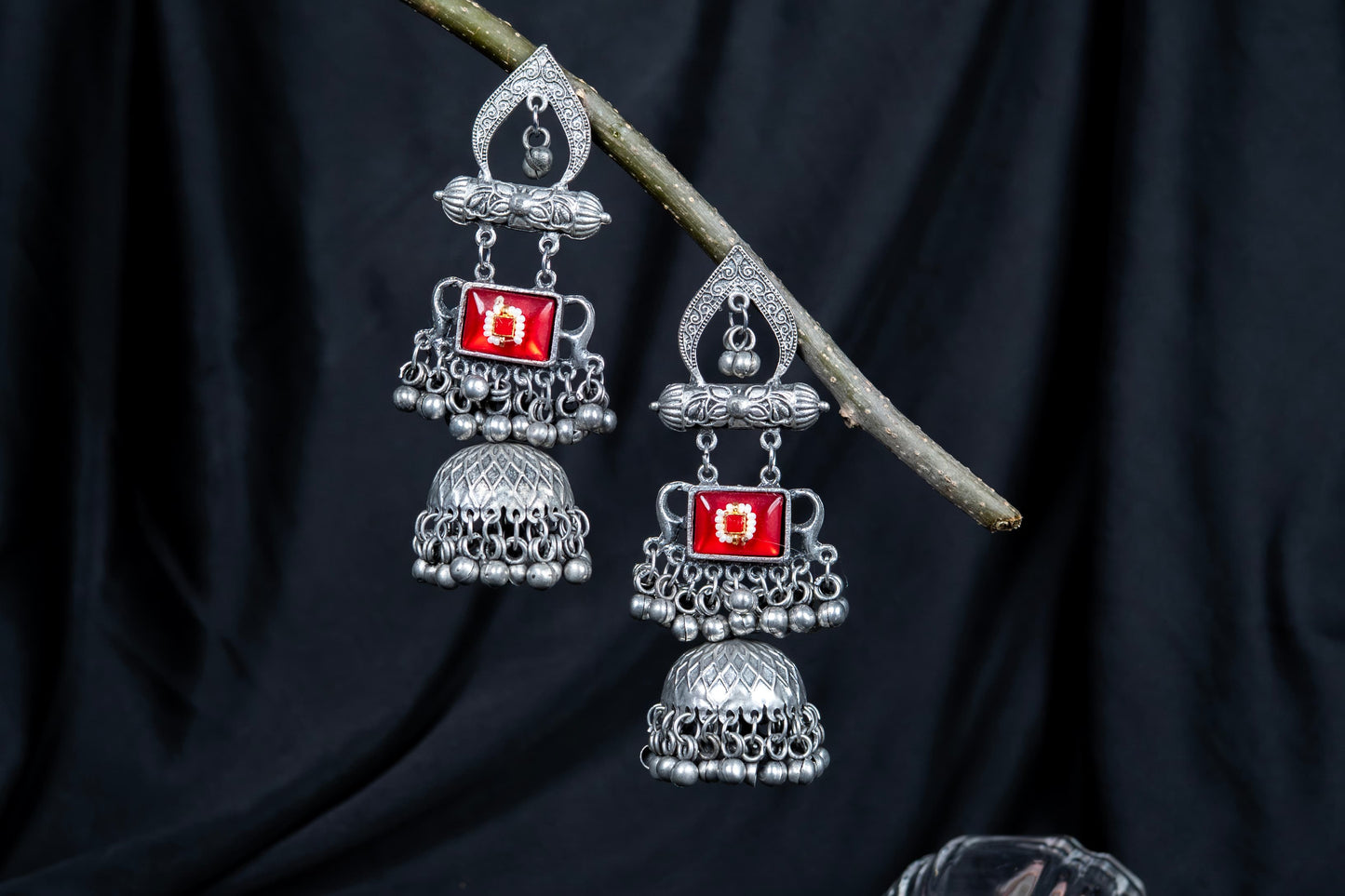 Silver Look-Alike Arch Multicolor Gem Earrings with Jhumka & Bells