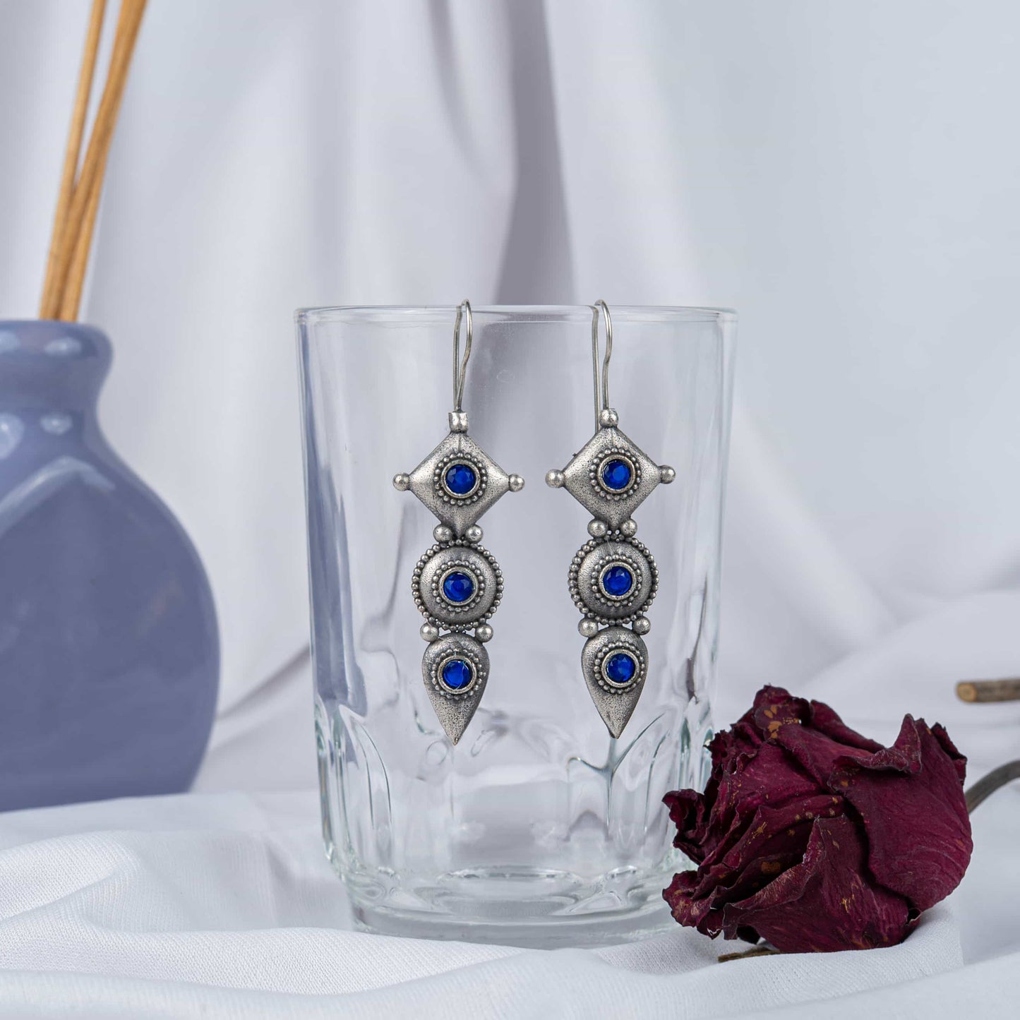 Silver Look-Alike Earring with Dangles & Multicolor Cabochons