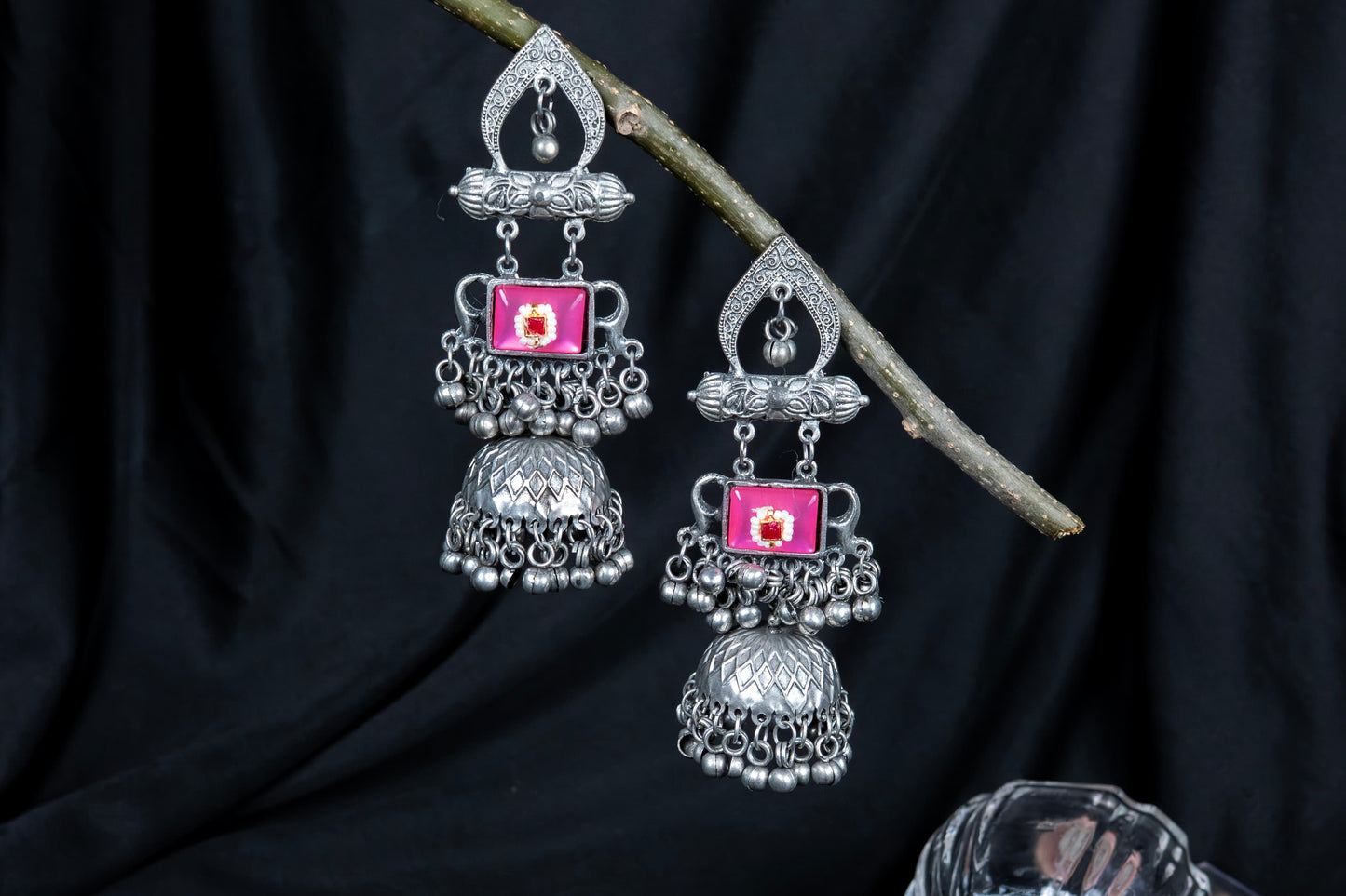 Silver Look-Alike Arch Multicolor Gem Earrings with Jhumka & Bells