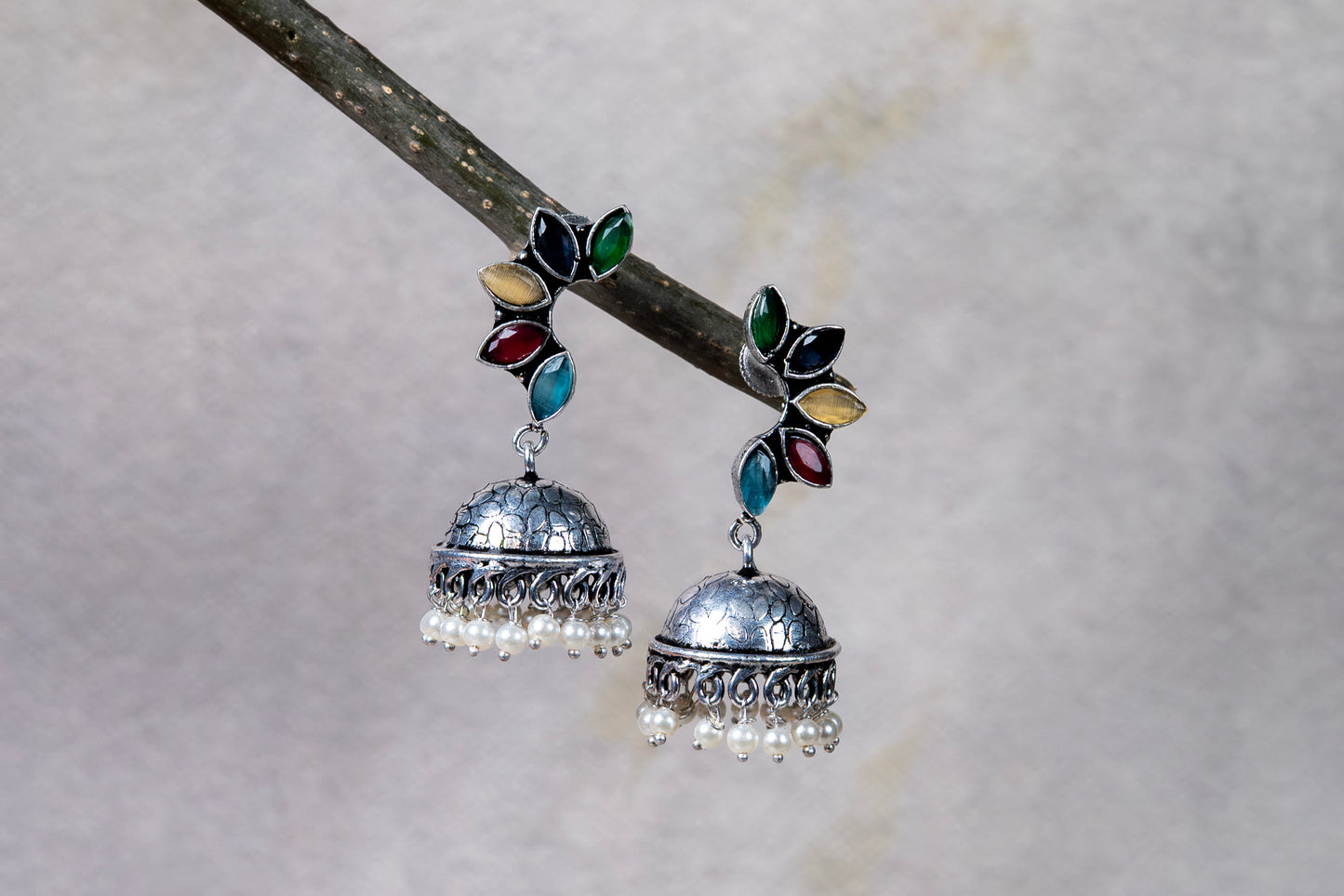 Silver Look-Alike Earrings with Multicolor Leaf Cabochons & Jhumka