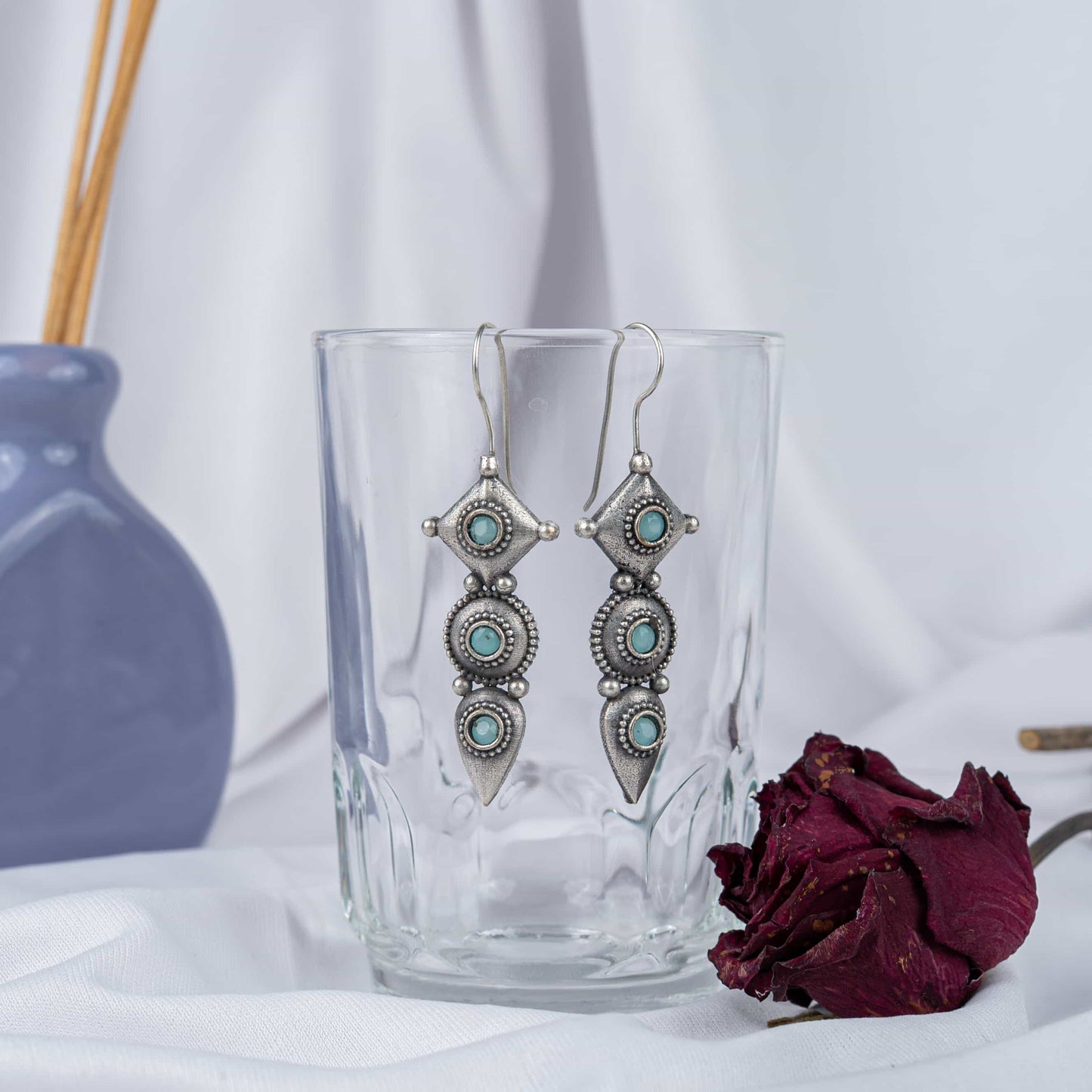 Silver Look-Alike Earring with Dangles & Multicolor Cabochons
