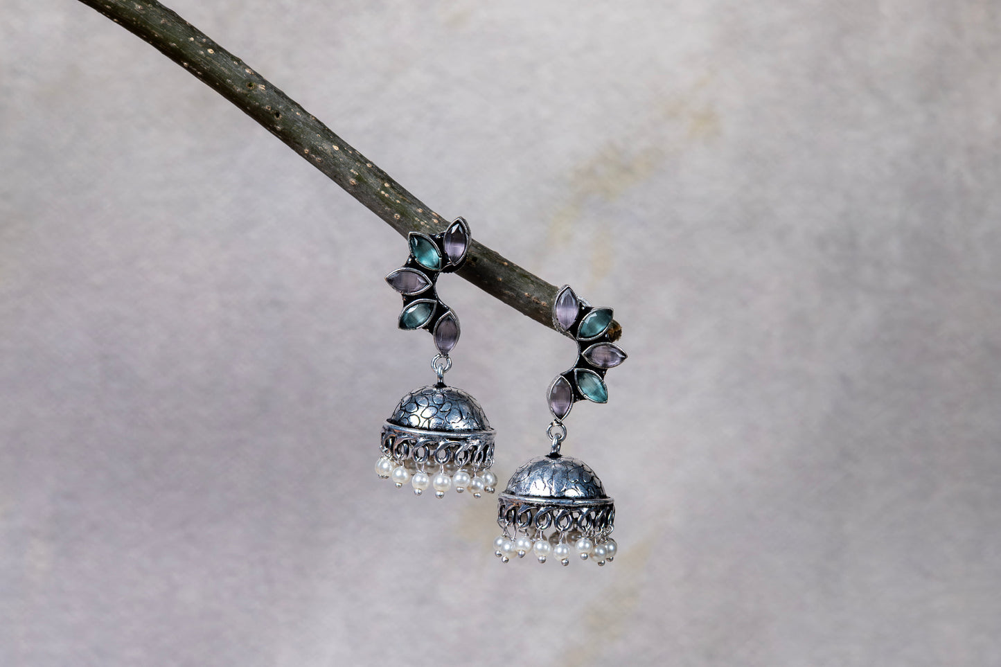 Silver Look-Alike Earrings with Multicolor Leaf Cabochons & Jhumka