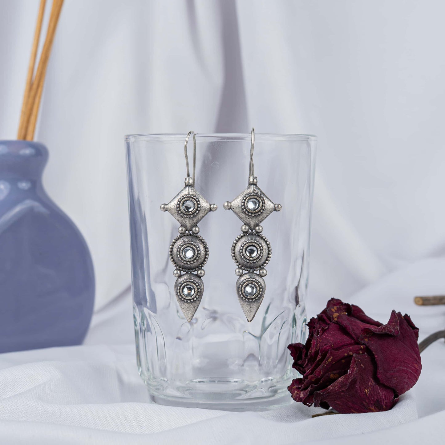 Silver Look-Alike Earring with Dangles & Multicolor Cabochons
