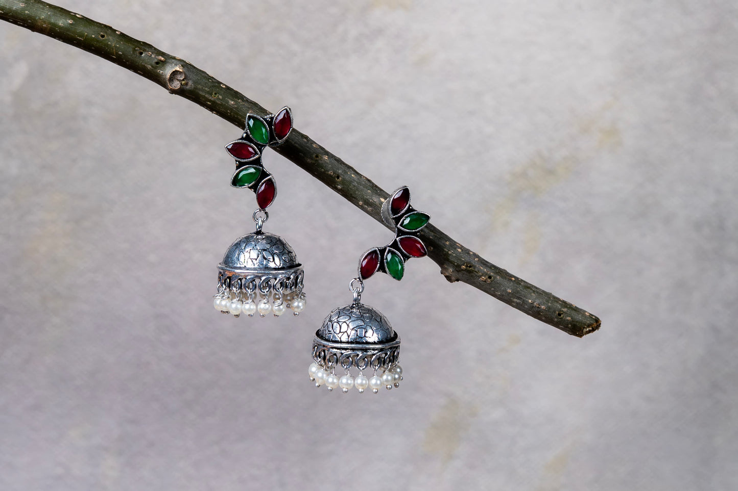 Silver Look-Alike Earrings with Multicolor Leaf Cabochons & Jhumka