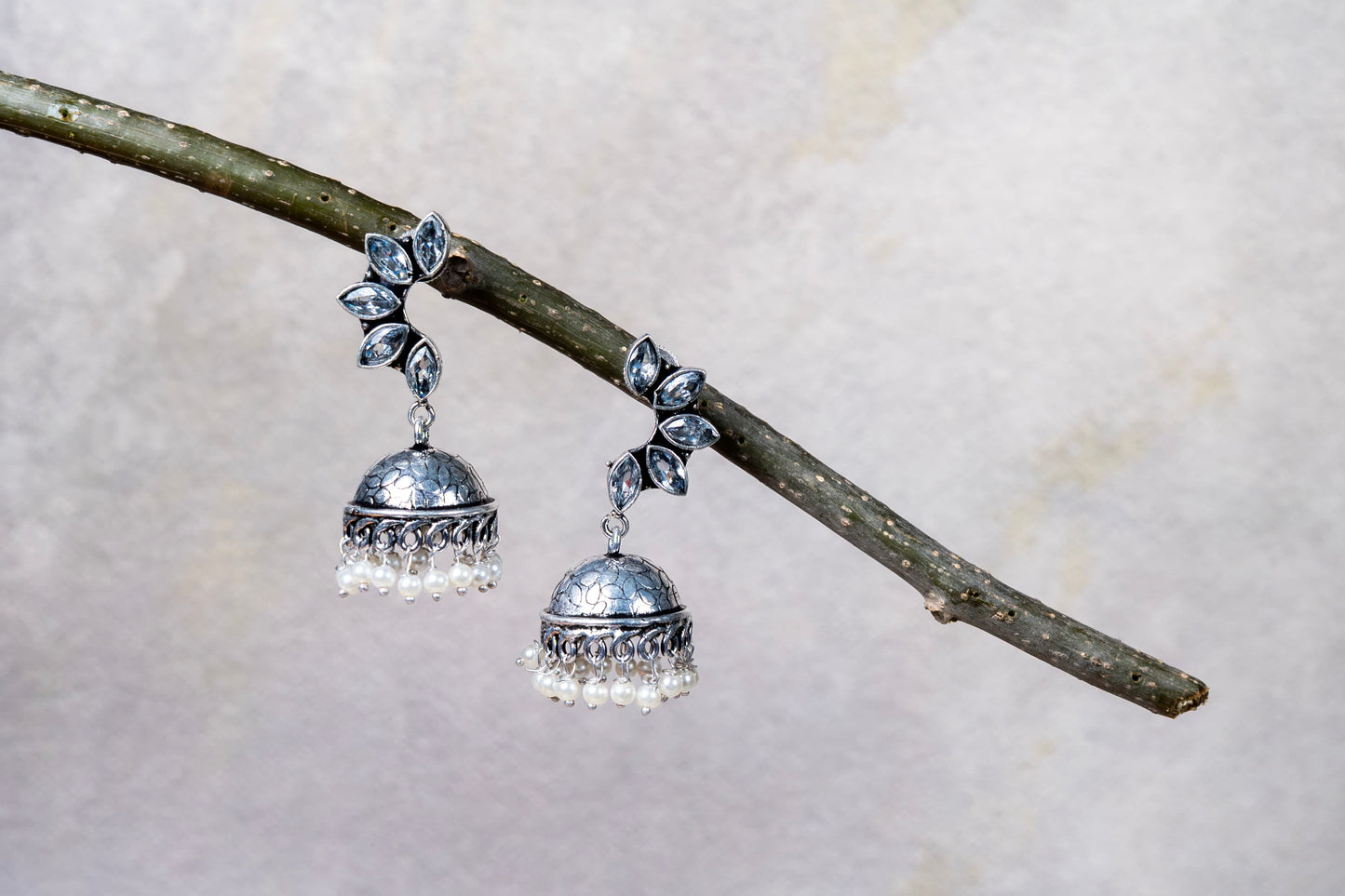 Silver Look-Alike Earrings with Multicolor Leaf Cabochons & Jhumka