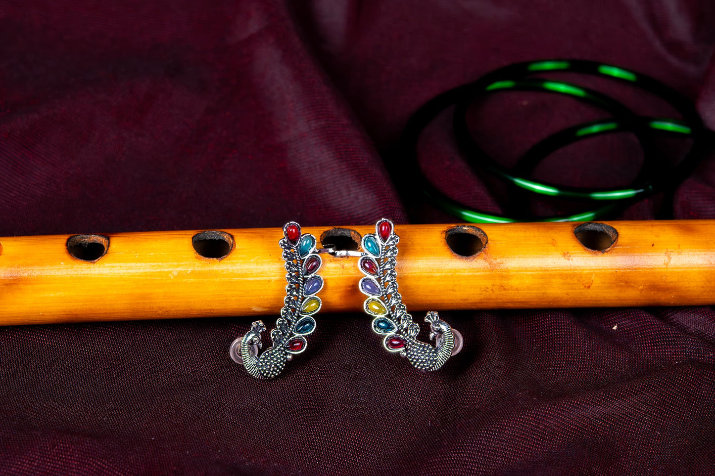 Silver Look-Alike Peacock Earrings with Colorful Teardrop Cabochons