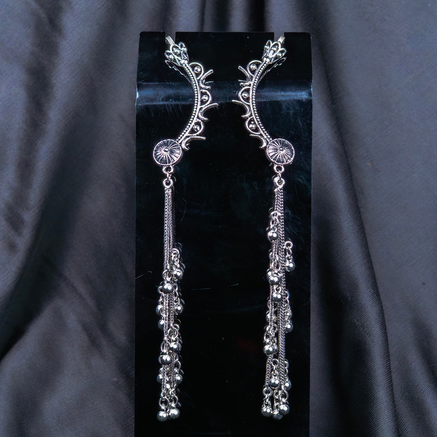 Silver Look-Alike Long Chain Dangling Earrings with Bead Drops
