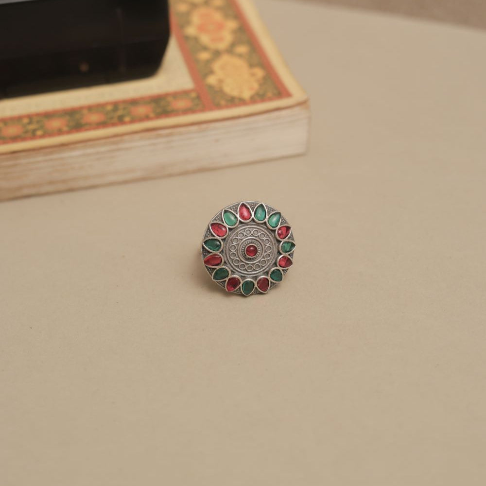 Silver Look-ALike Mandala Design Ring with Multicolor Petal Cabochons