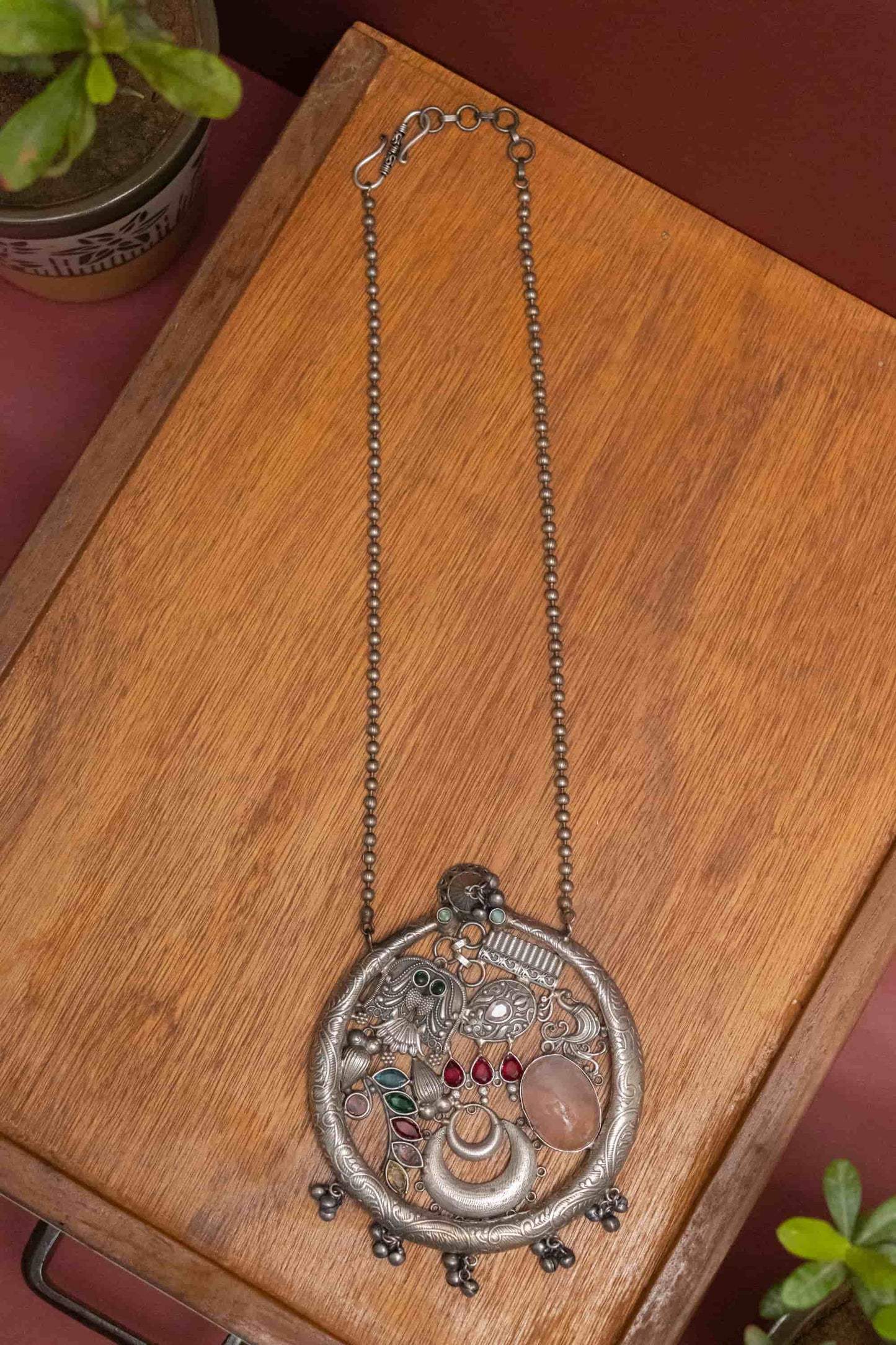 Silver Look-Alike Round Charm & Floral Necklace