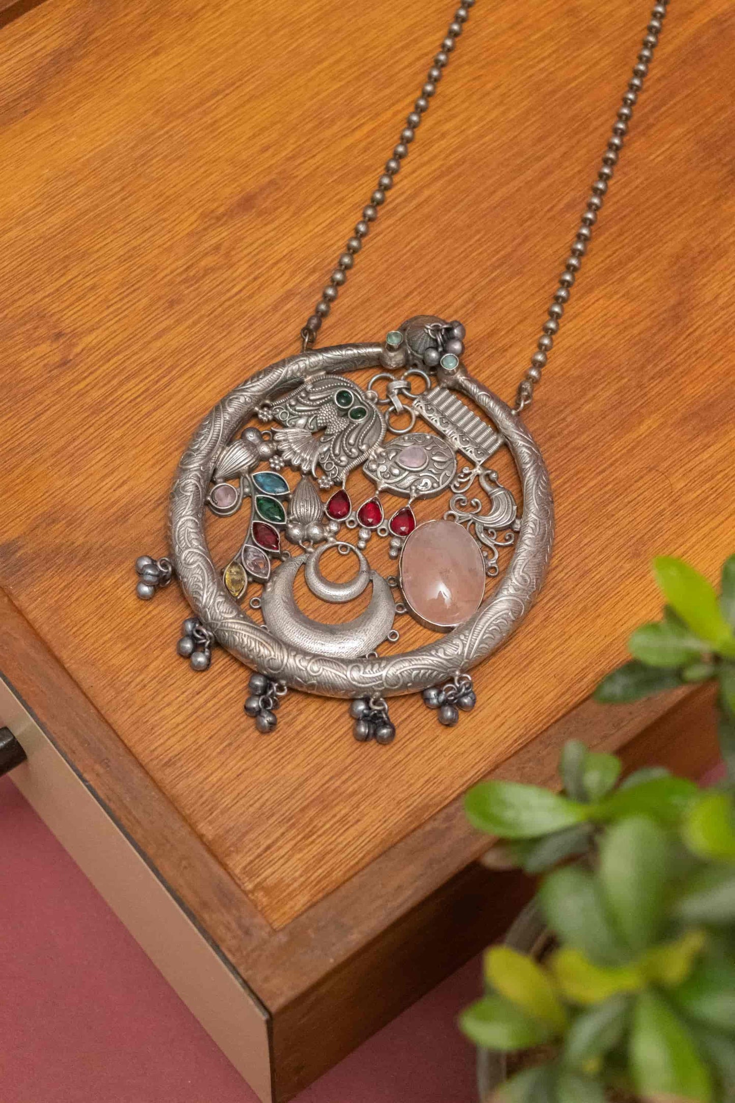 Silver Look-Alike Round Charm & Floral Necklace