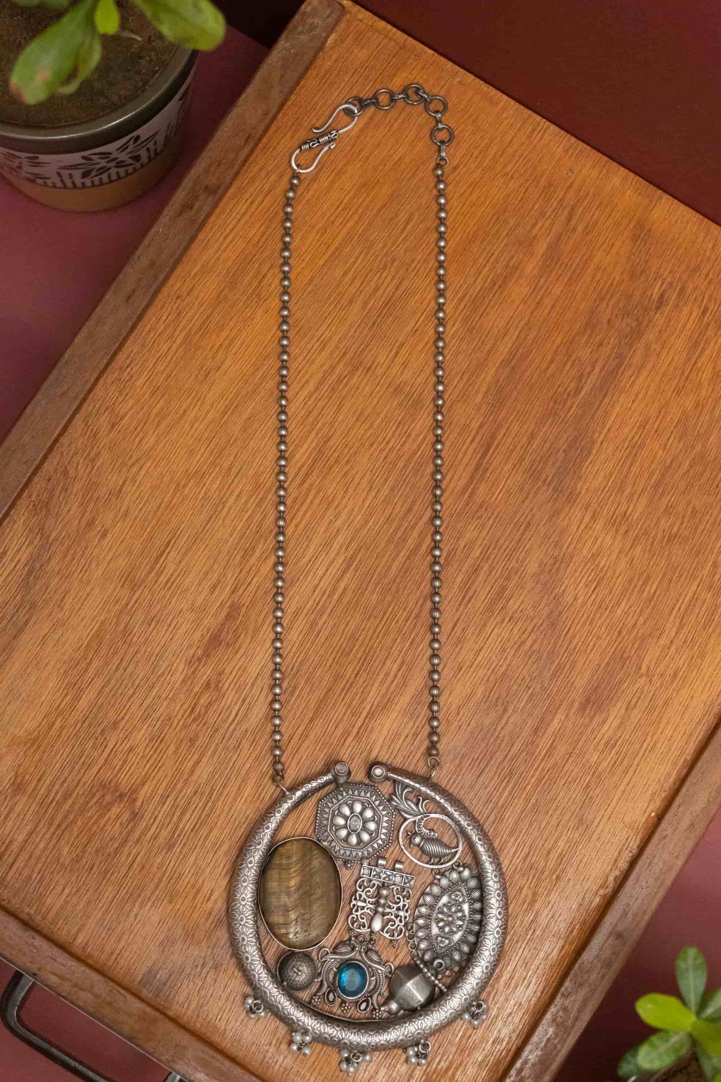 Silver Look-Alike Round Charm & Floral Necklace