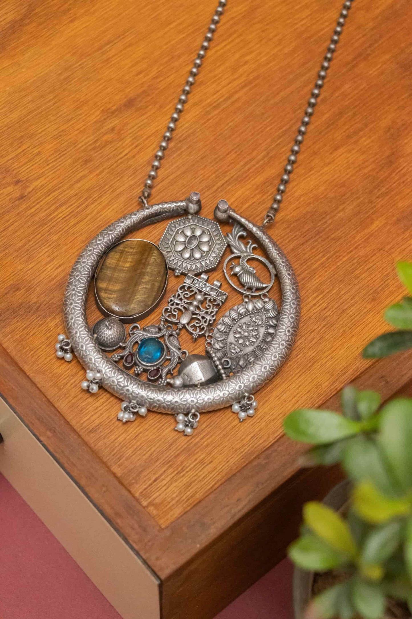 Silver Look-Alike Round Charm & Floral Necklace