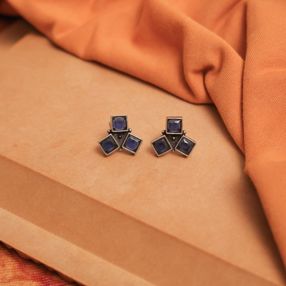 Multicolor Oxidised Tri-Gem Stud Earrings (Pack Of 12)