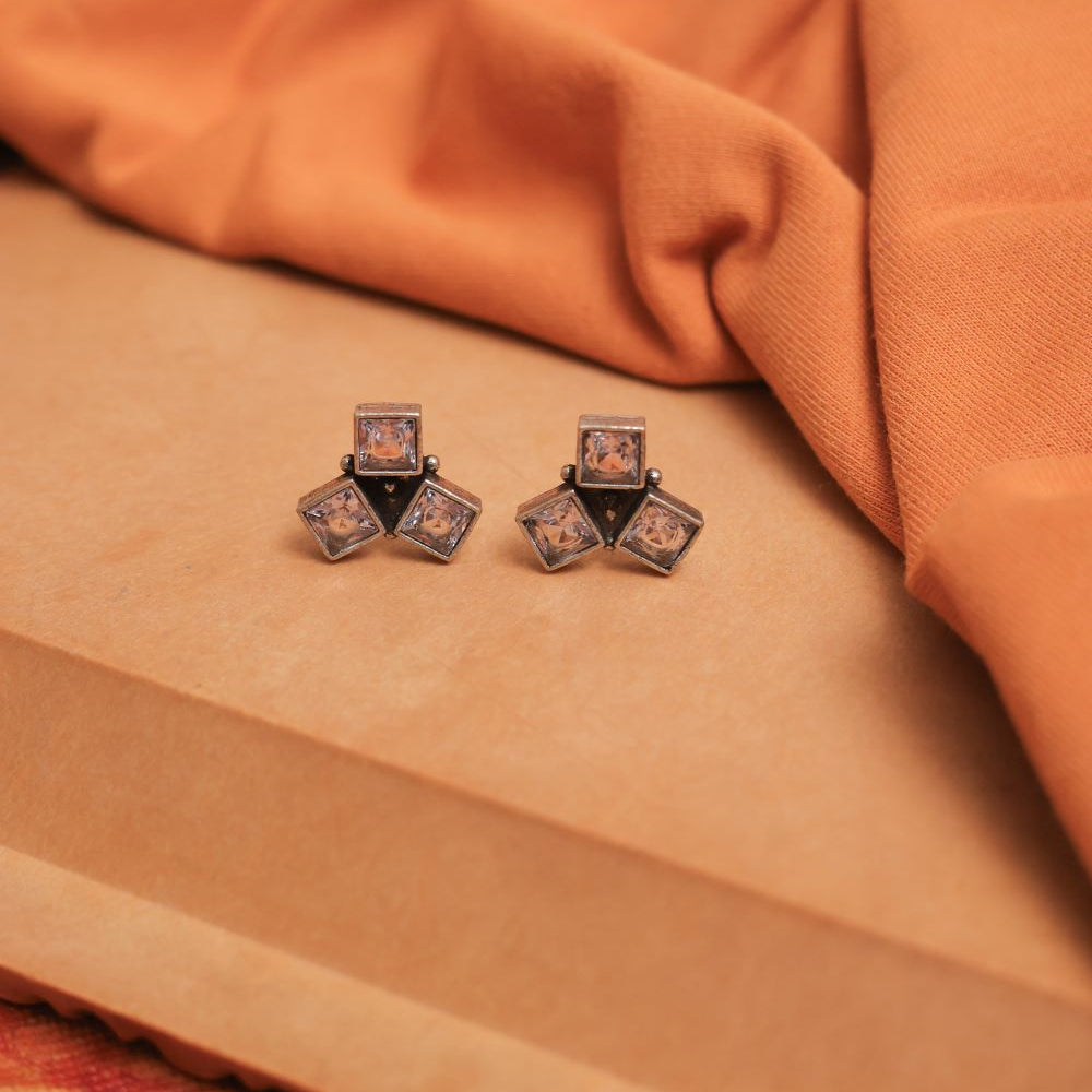Multicolor Oxidised Tri-Gem Stud Earrings (Pack Of 12)