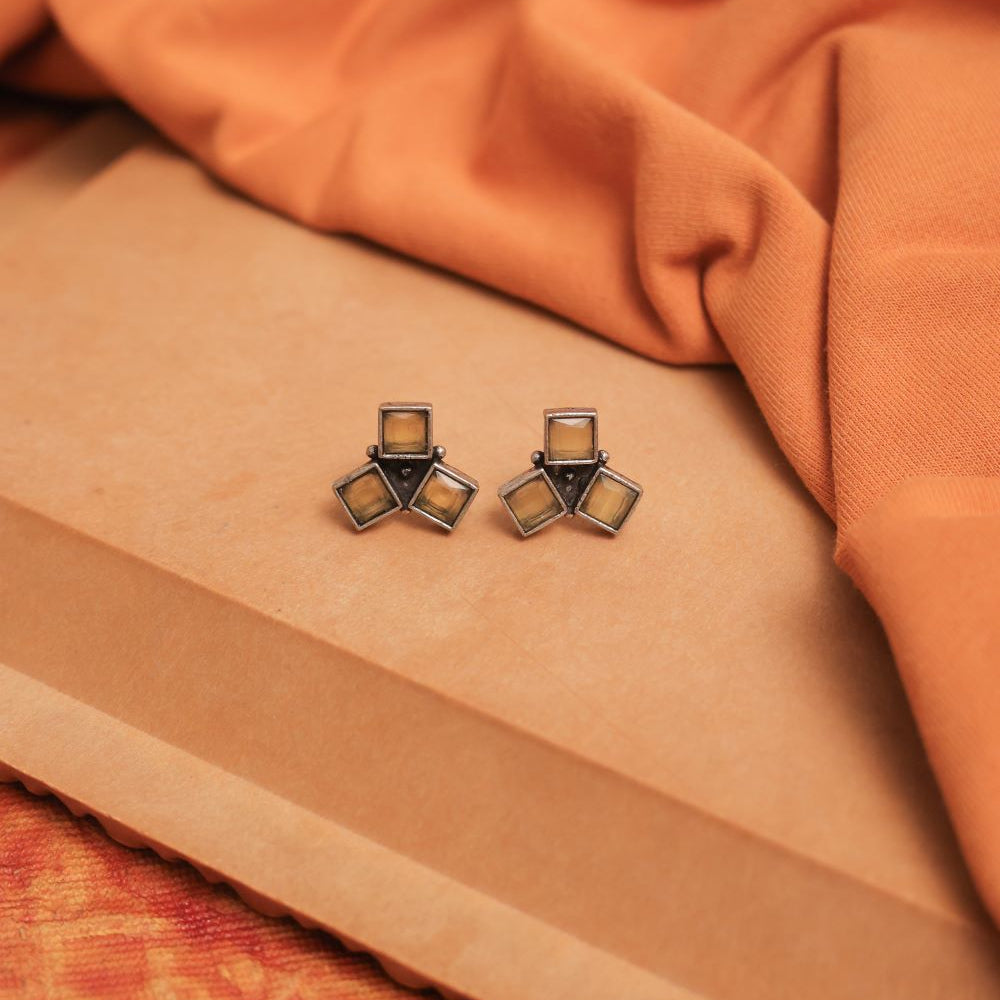 Multicolor Oxidised Tri-Gem Stud Earrings (Pack Of 12)