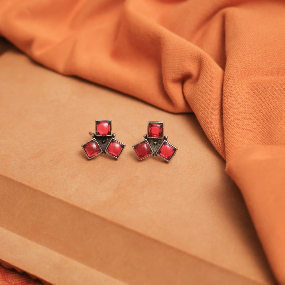 Multicolor Oxidised Tri-Gem Stud Earrings (Pack Of 12)