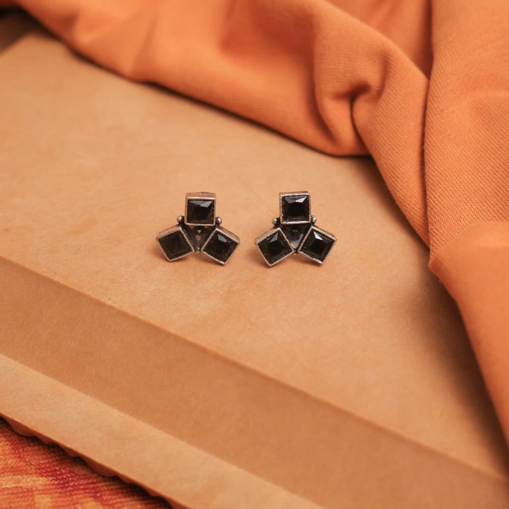 Multicolor Oxidised Tri-Gem Stud Earrings (Pack Of 12)