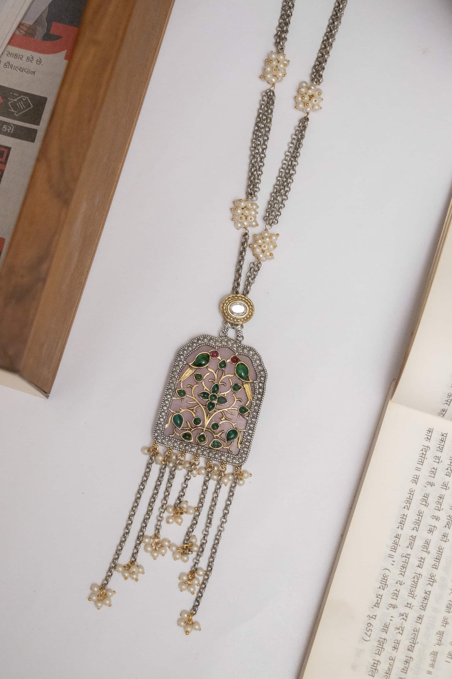 Silver Look-Alike Chain Pendant with Floral Beads