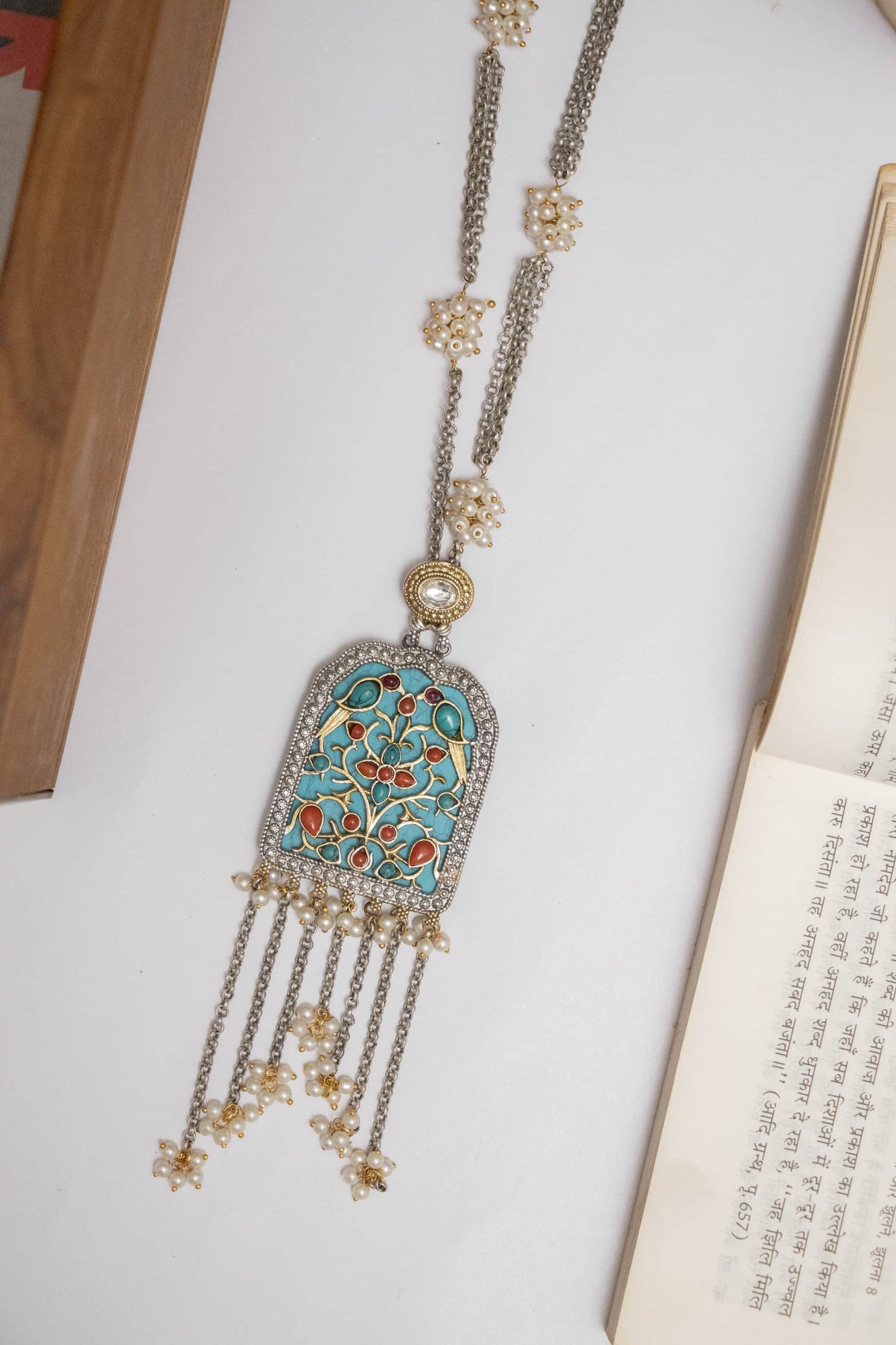Silver Look-Alike Chain Pendant with Floral Beads