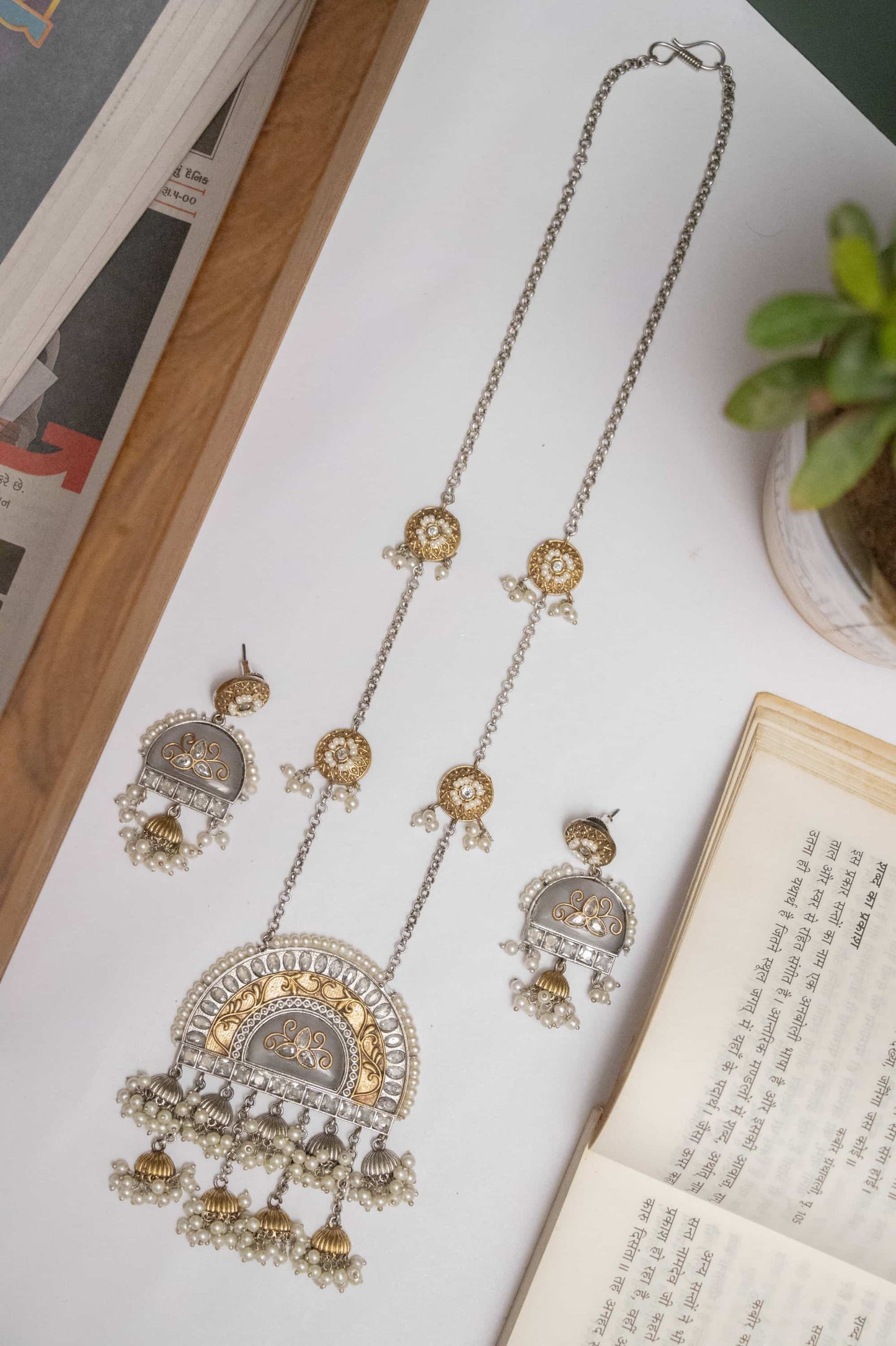 Silver Look-Alike Chain Pendant with Semi-Circle Charm