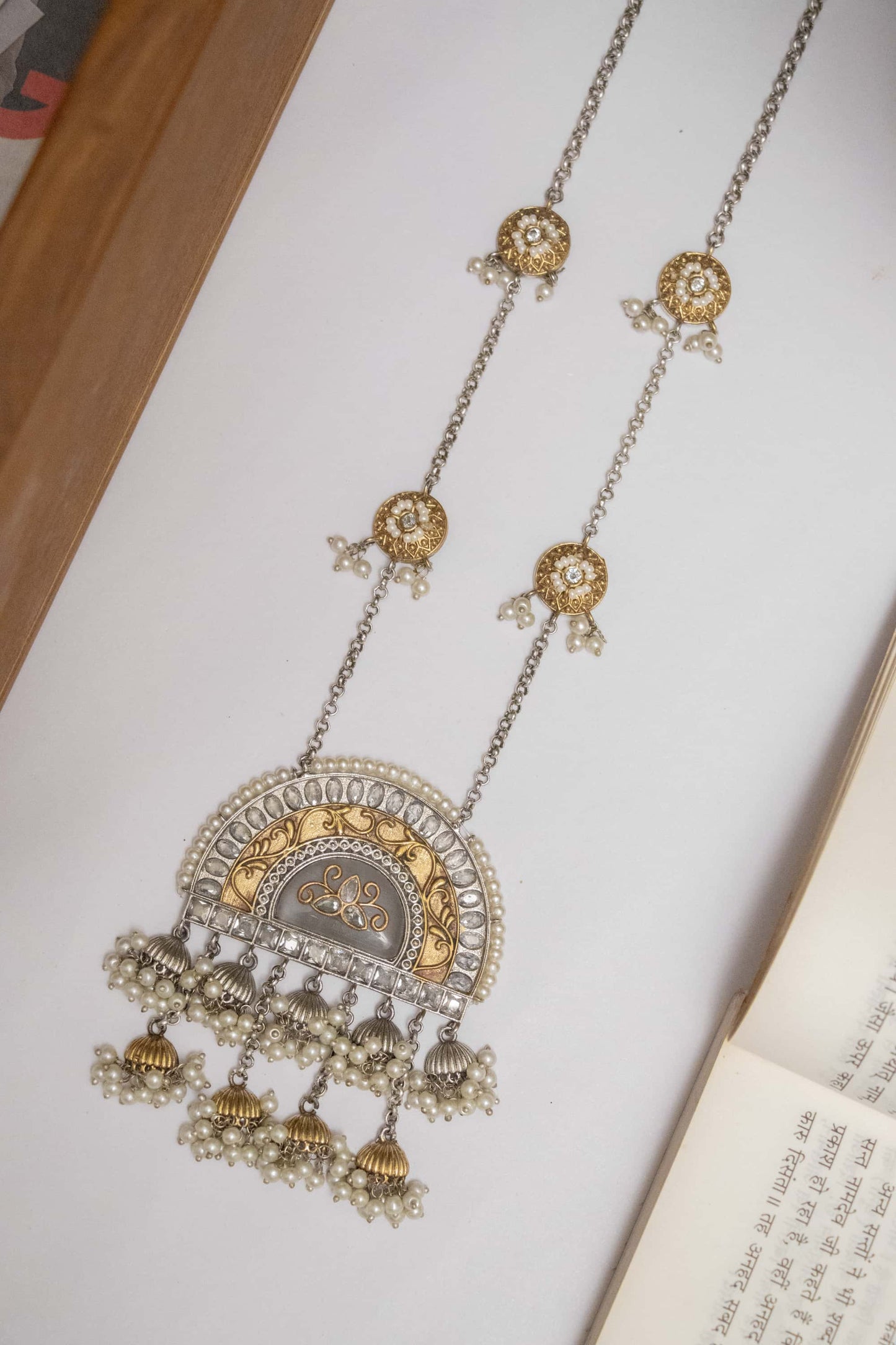 Silver Look-Alike Chain Pendant with Semi-Circle Charm
