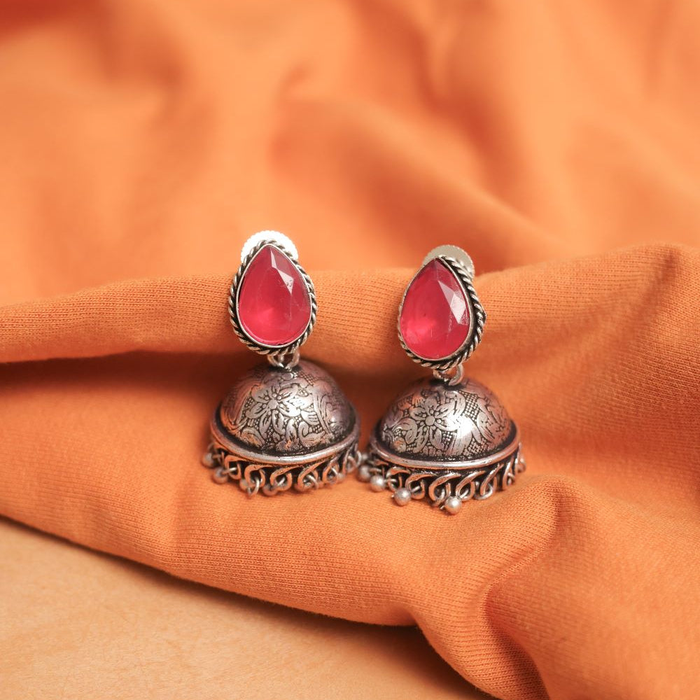 Silver Look-Alike Jhumka Earrings with Multicolor Gem Cabochons